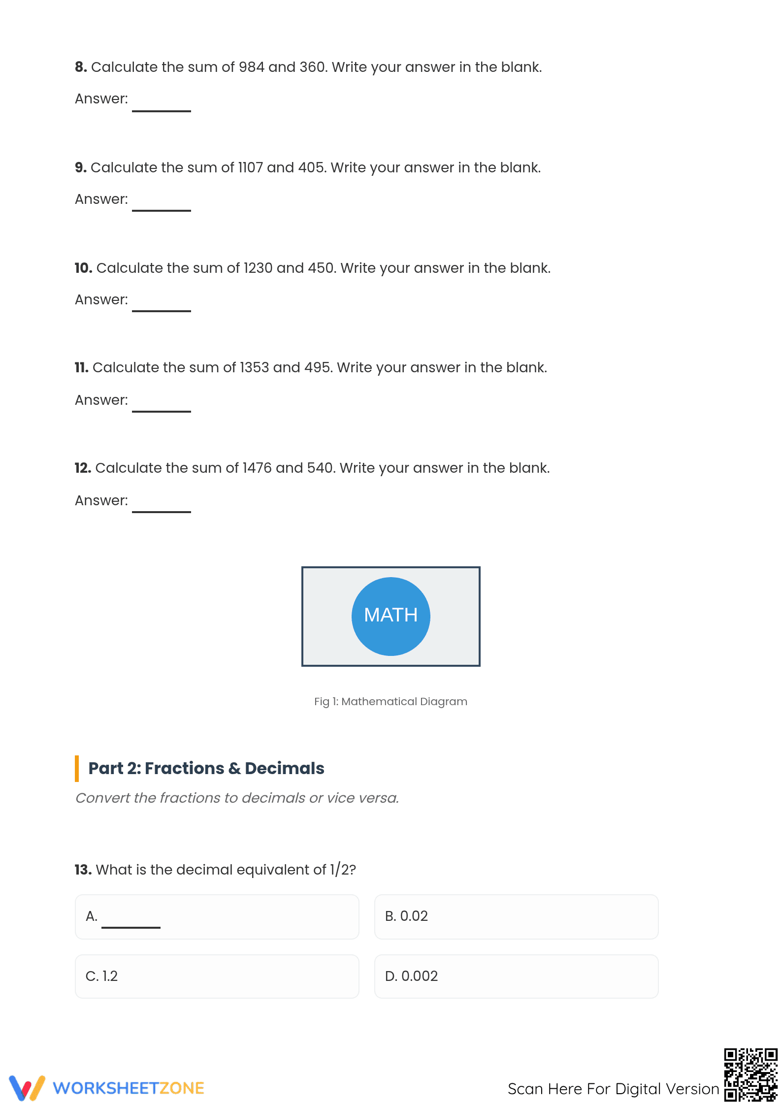 Printable Grade 4 Math Worksheet: Addition and Decimals - Page 2