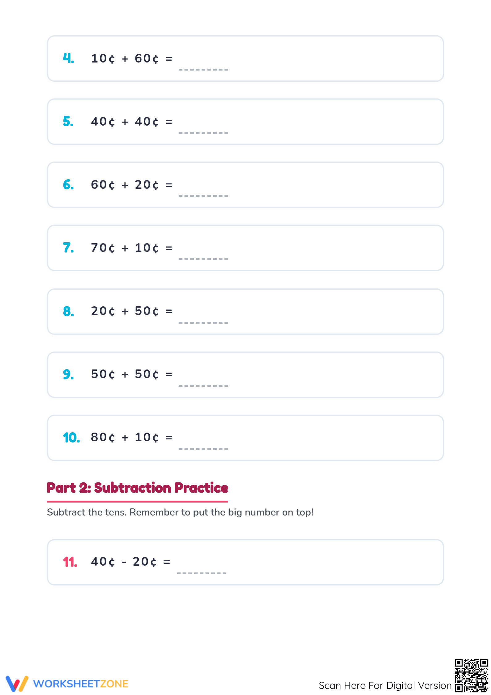 Essential Brunei Coins Addition and Subtraction Worksheet - Page 3