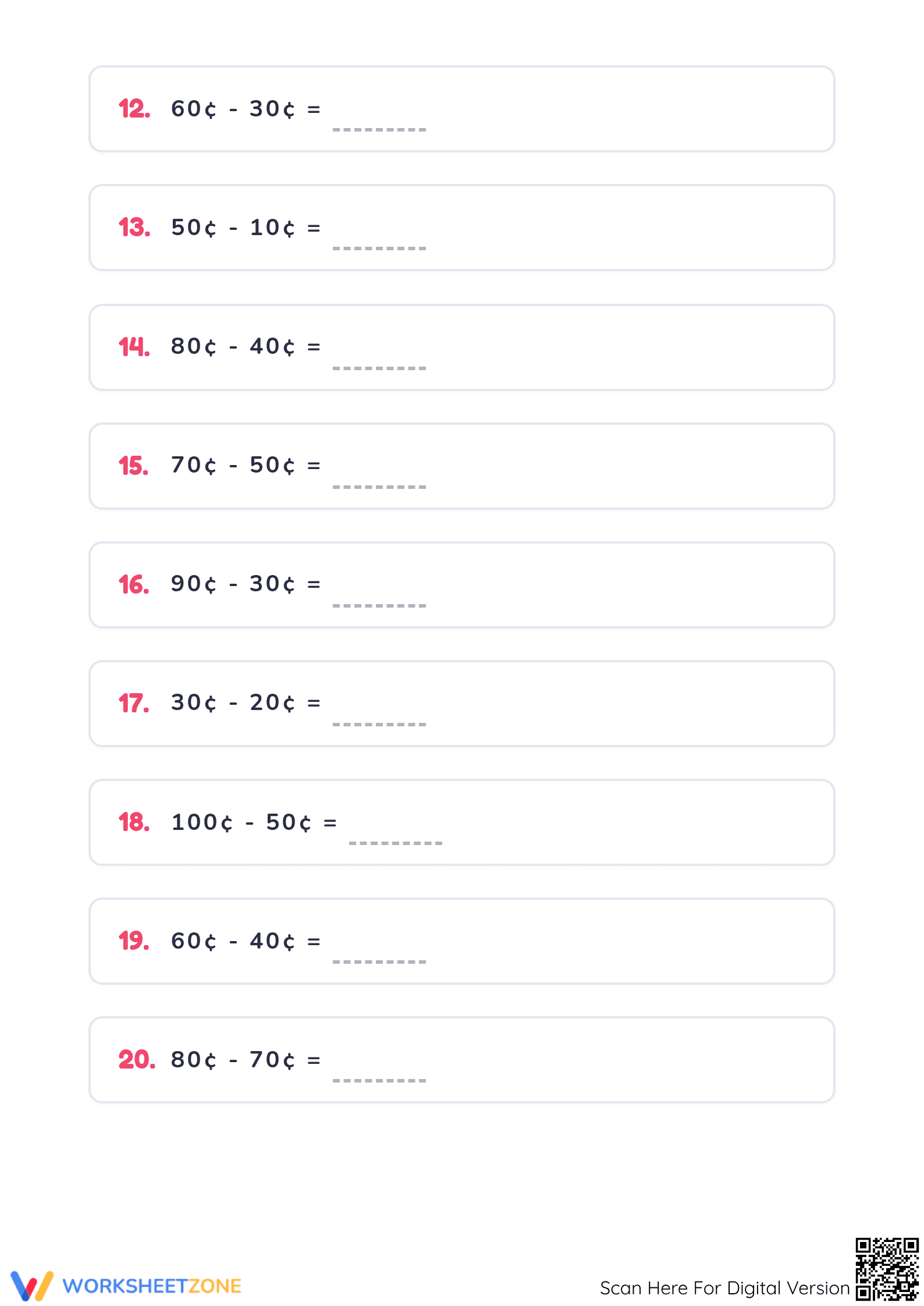 Essential Brunei Coins Addition and Subtraction Worksheet - Page 4