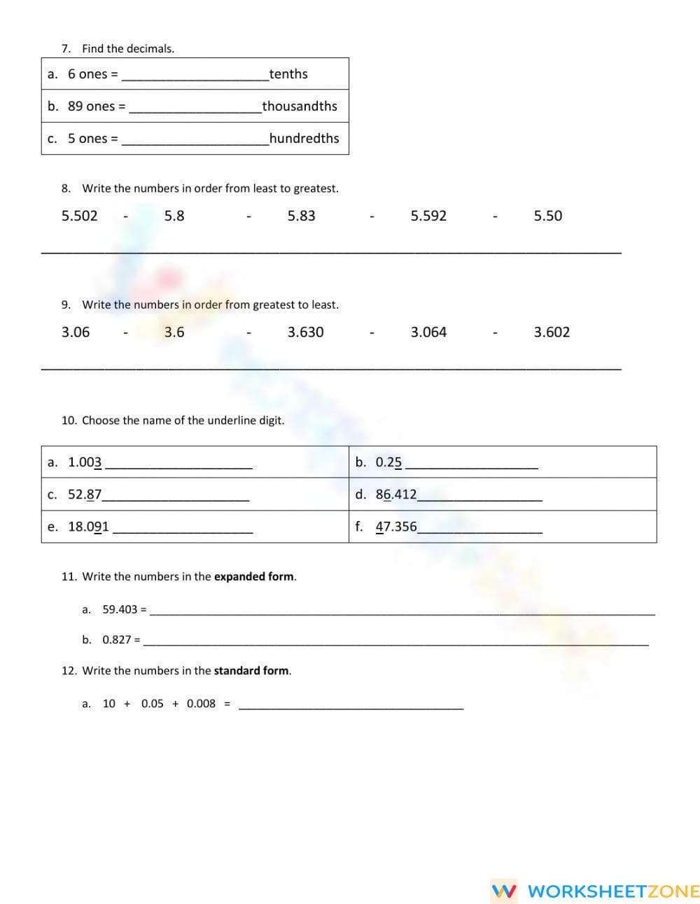 Decimal Numbers Practice Worksheet for Students - Page 2