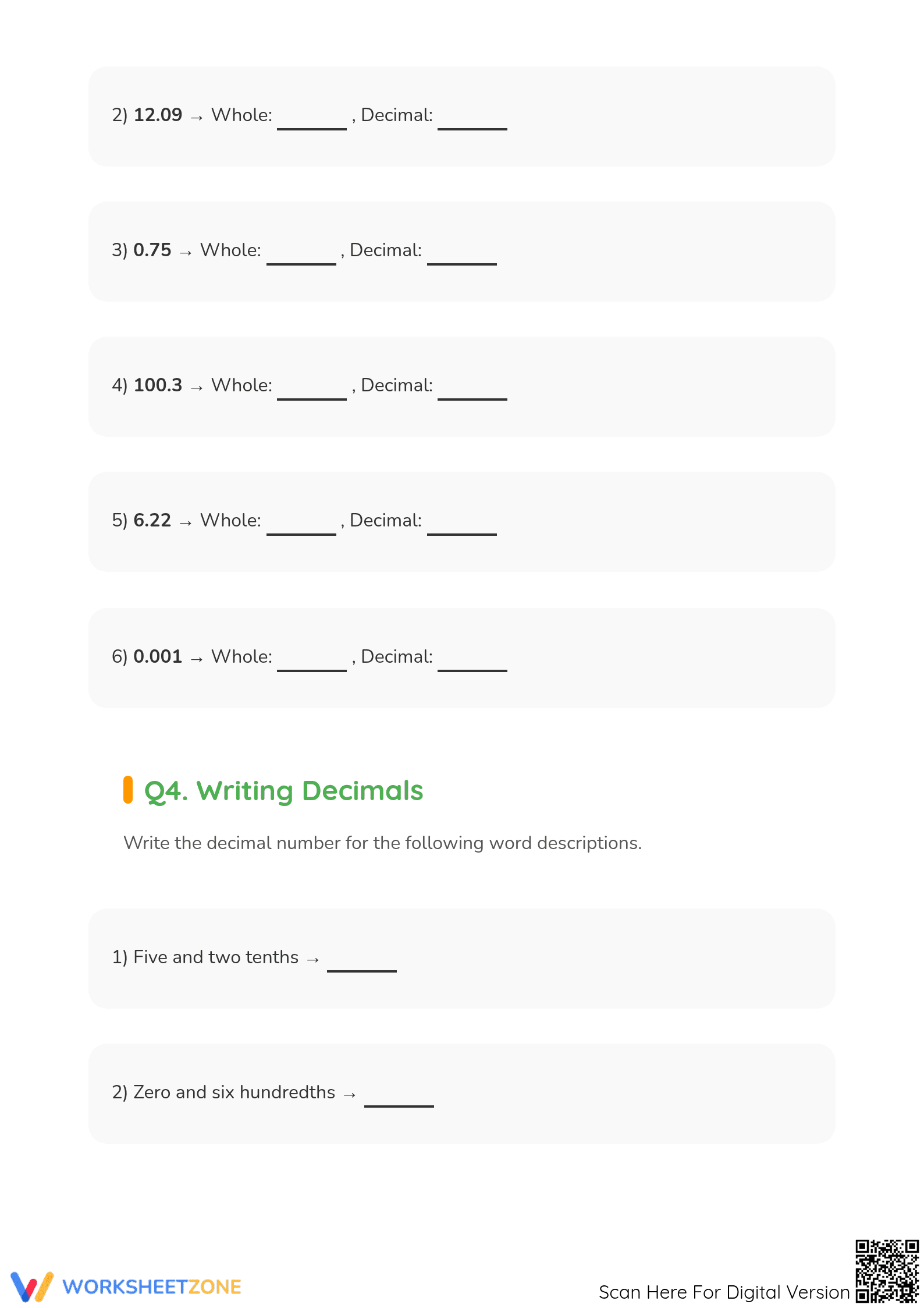 Printable Decimal Models Worksheet | Grade 4 Math - Page 3