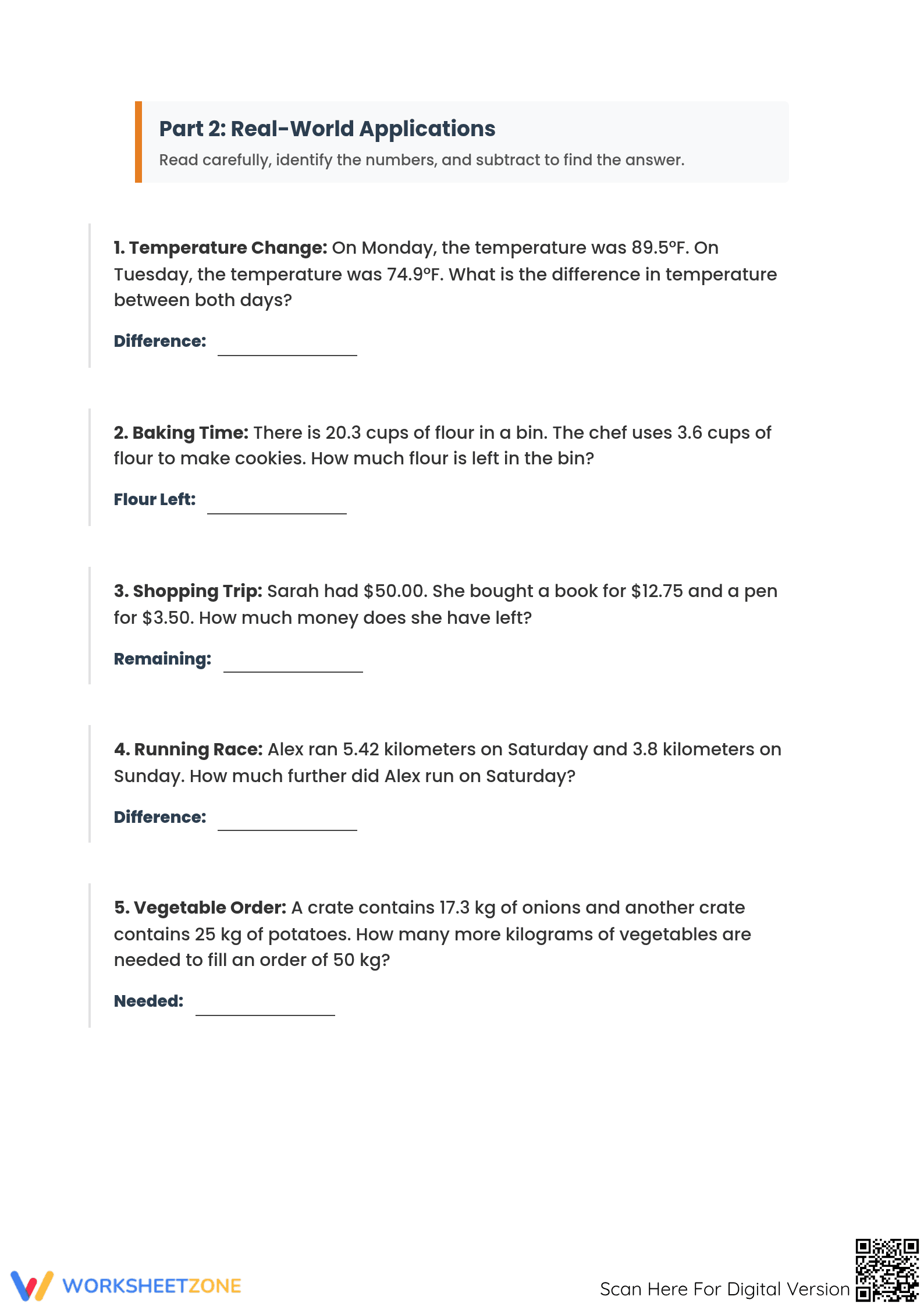 Printable Subtracting Decimals Worksheet | Grade 5 - Page 2