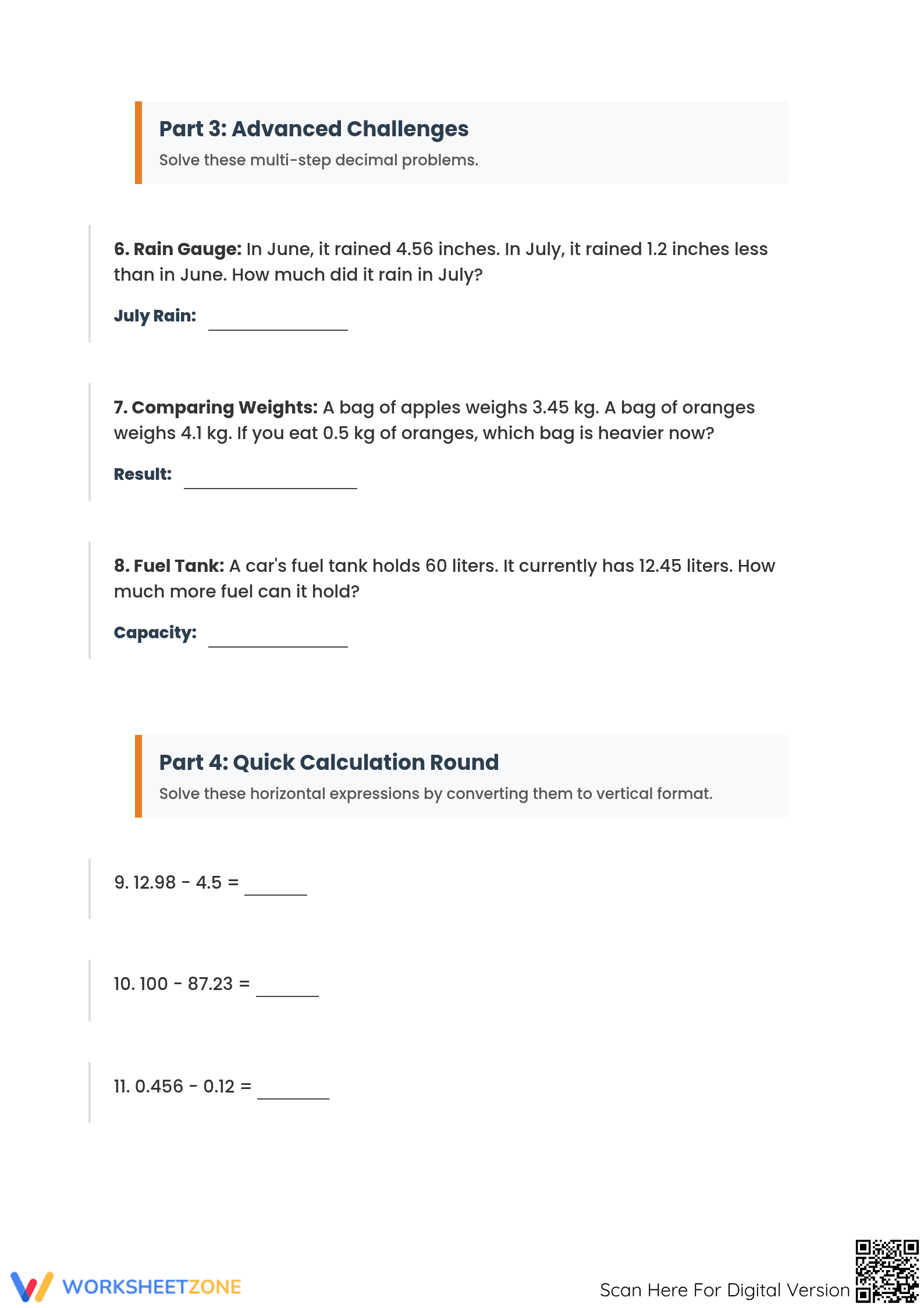 Printable Subtracting Decimals Worksheet | Grade 5 - Page 3