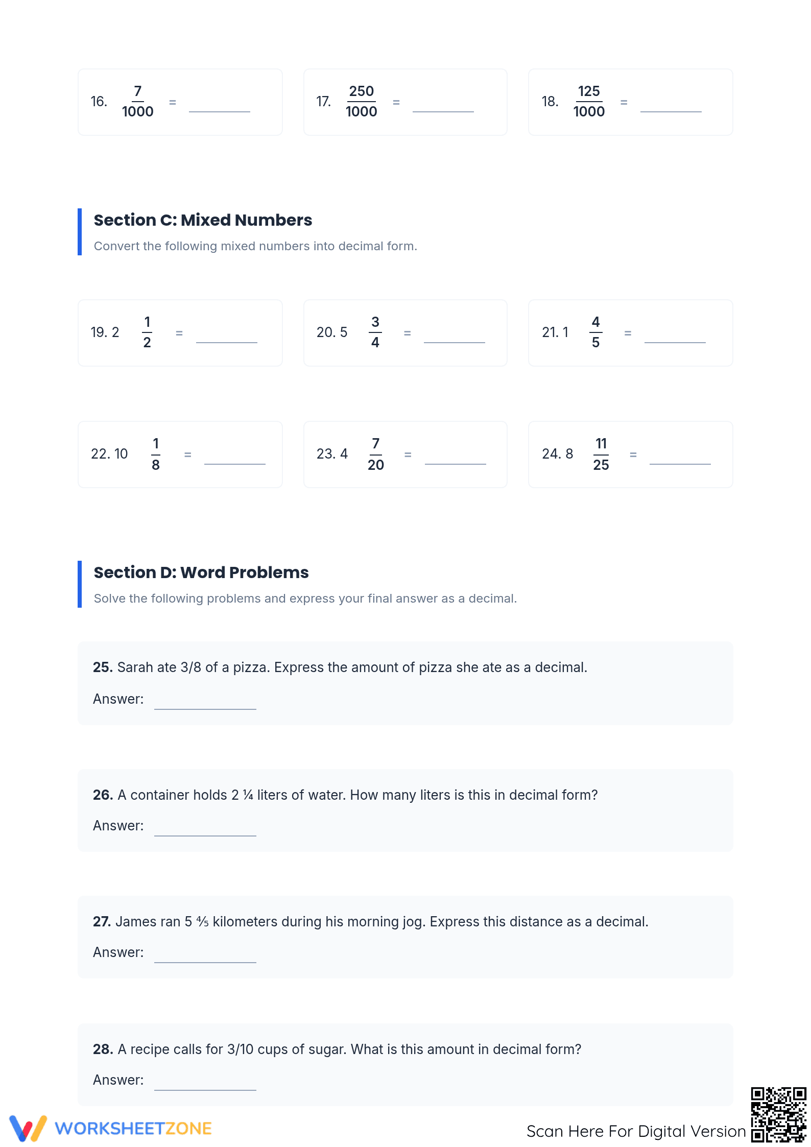 Essential Fractions to Decimals Worksheet | Grade 7 Math - Page 2