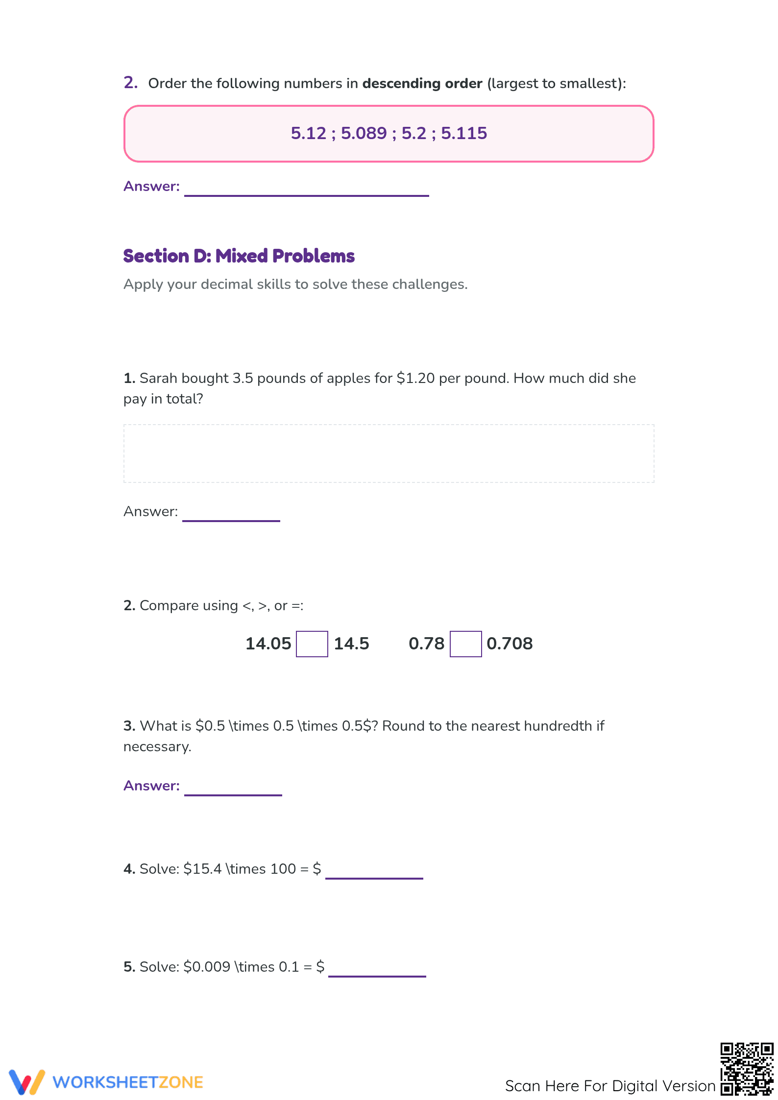 Essential Multiplying Decimals Worksheet | Grade 5 Math - Page 3