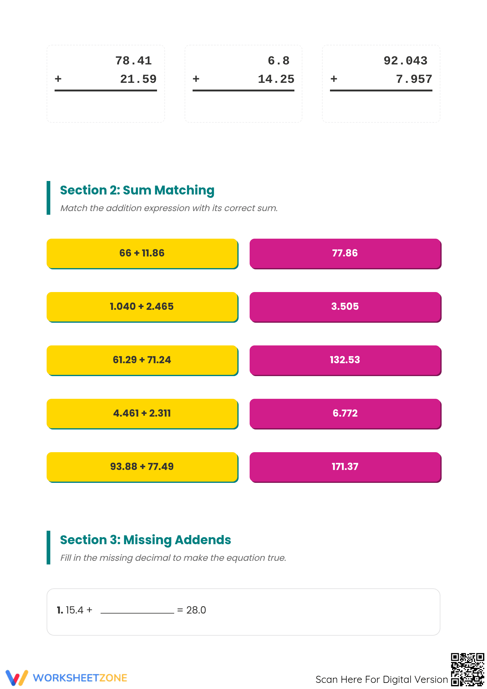 Grade 6 Adding Decimals — Printable No-Prep Worksheet - Page 2