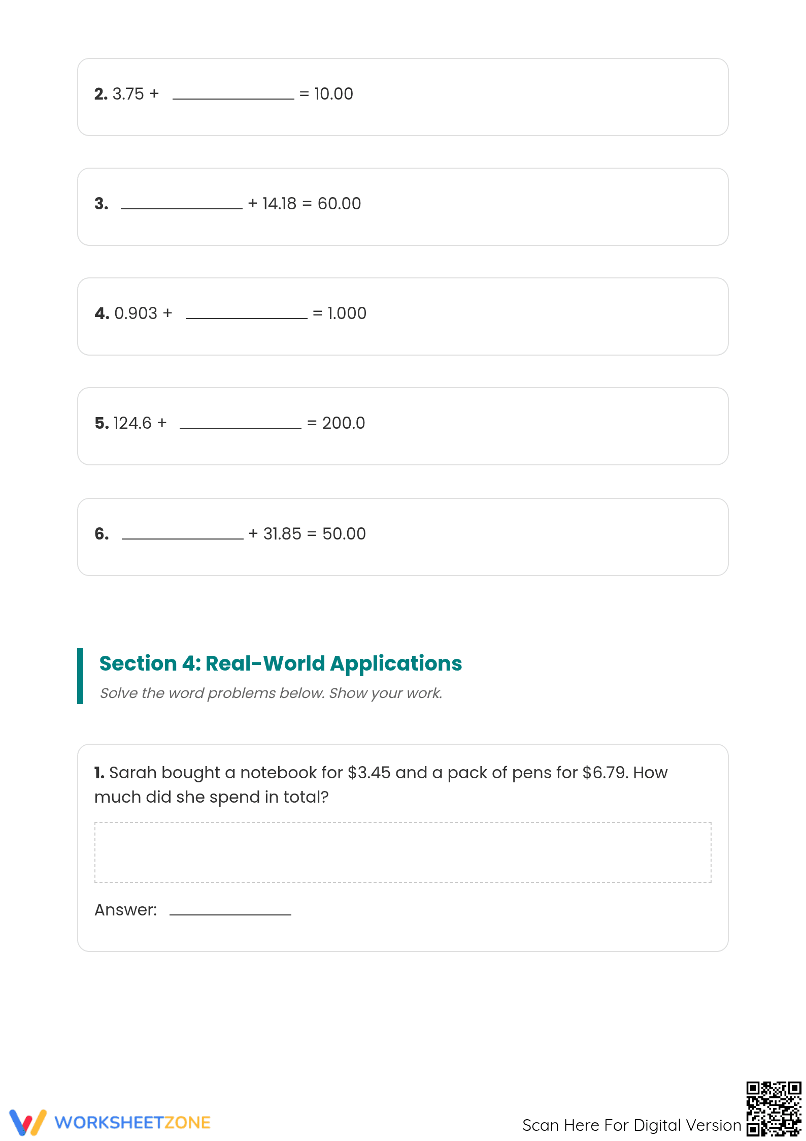 Grade 6 Adding Decimals — Printable No-Prep Worksheet - Page 3