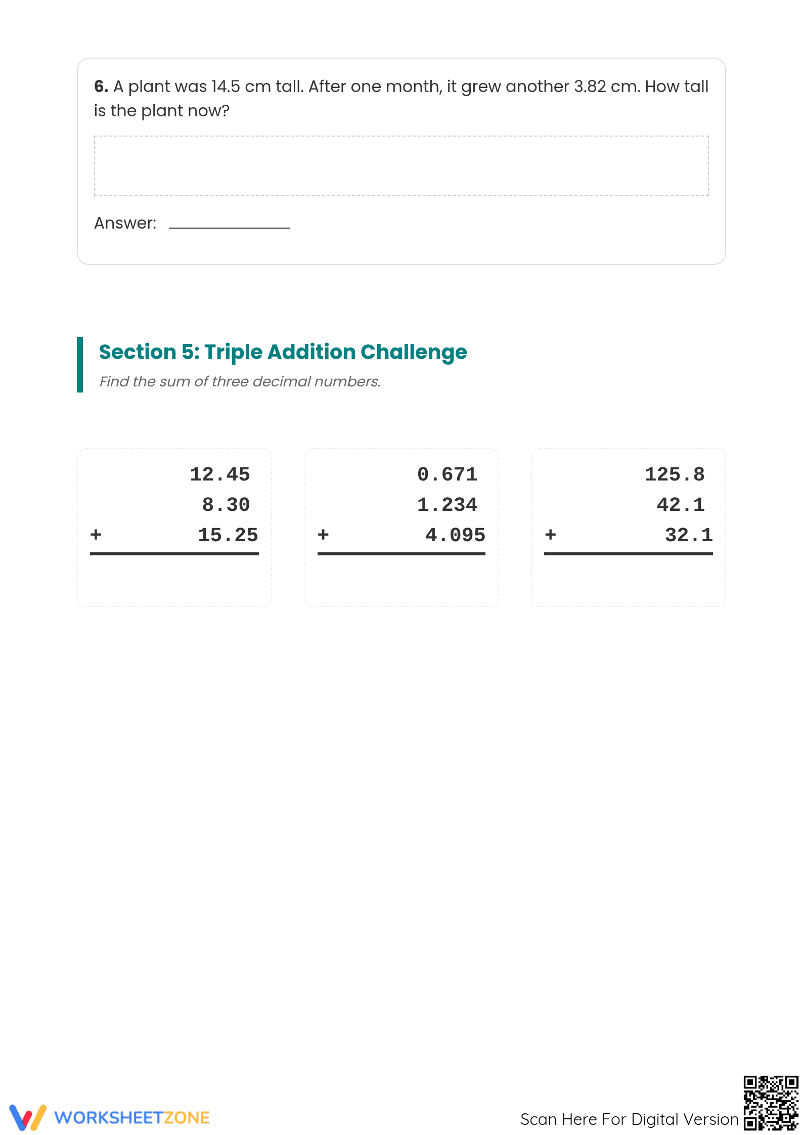 Grade 6 Adding Decimals — Printable No-Prep Worksheet - Page 5