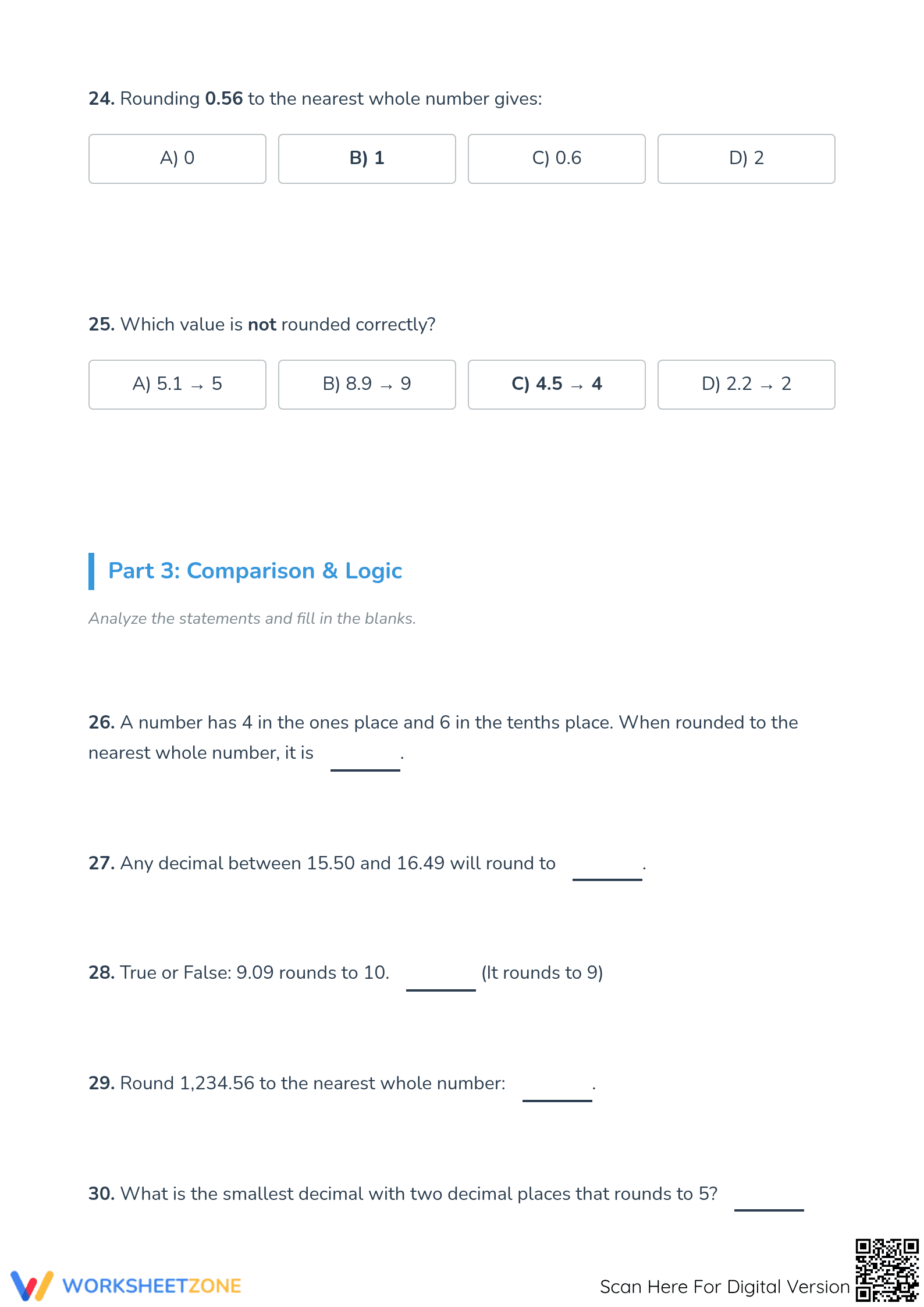 Printable Rounding Decimals to Whole Numbers Worksheet - Page 3