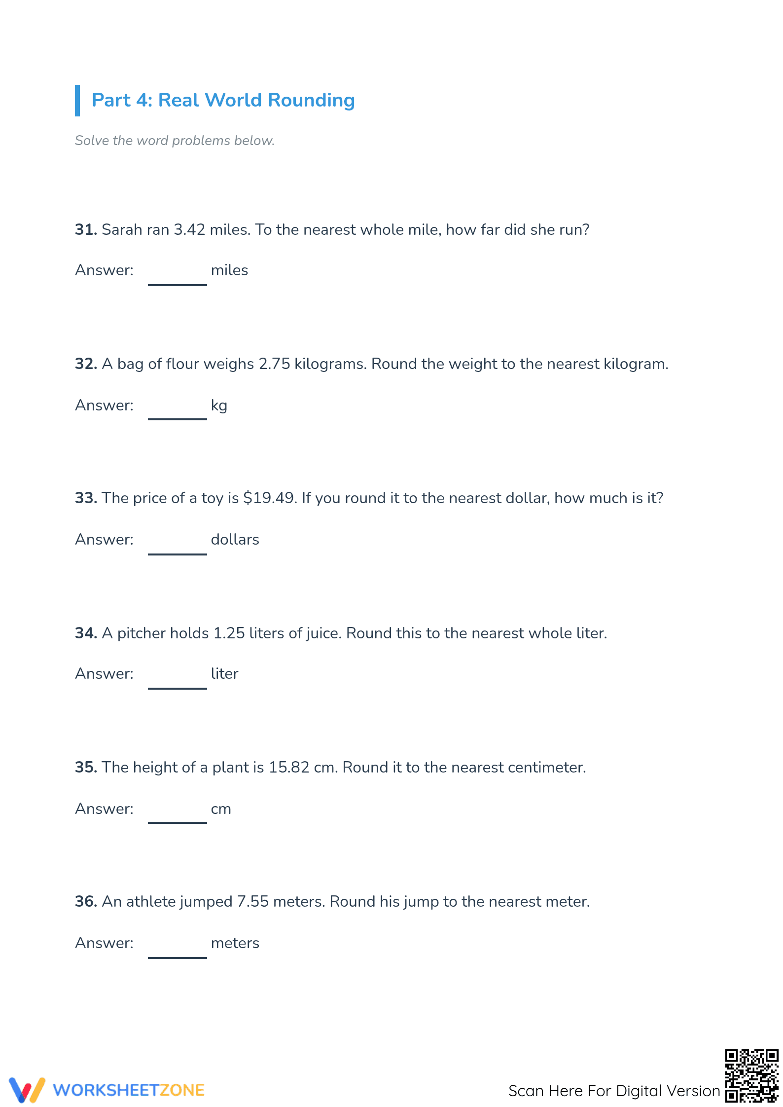 Printable Rounding Decimals to Whole Numbers Worksheet - Page 4