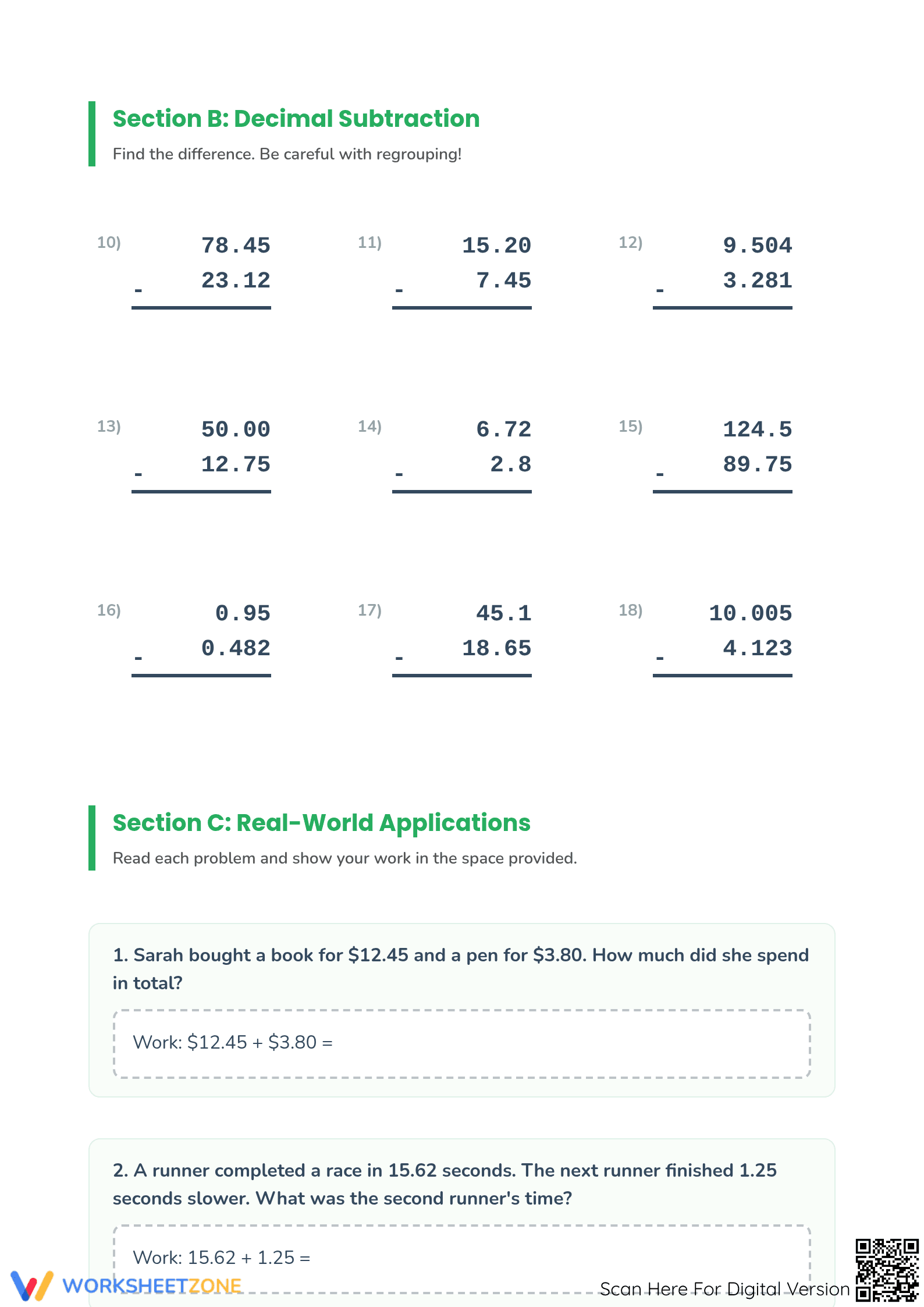 Printable Grade 5 Decimal Addition & Subtraction Worksheet - Page 2