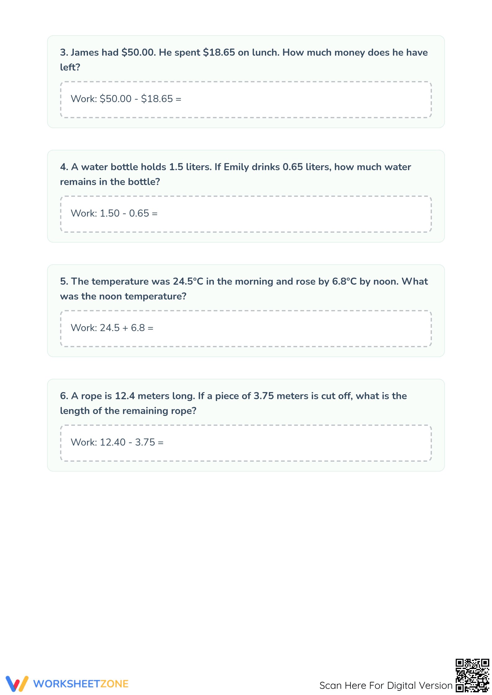 Printable Grade 5 Decimal Addition & Subtraction Worksheet - Page 3