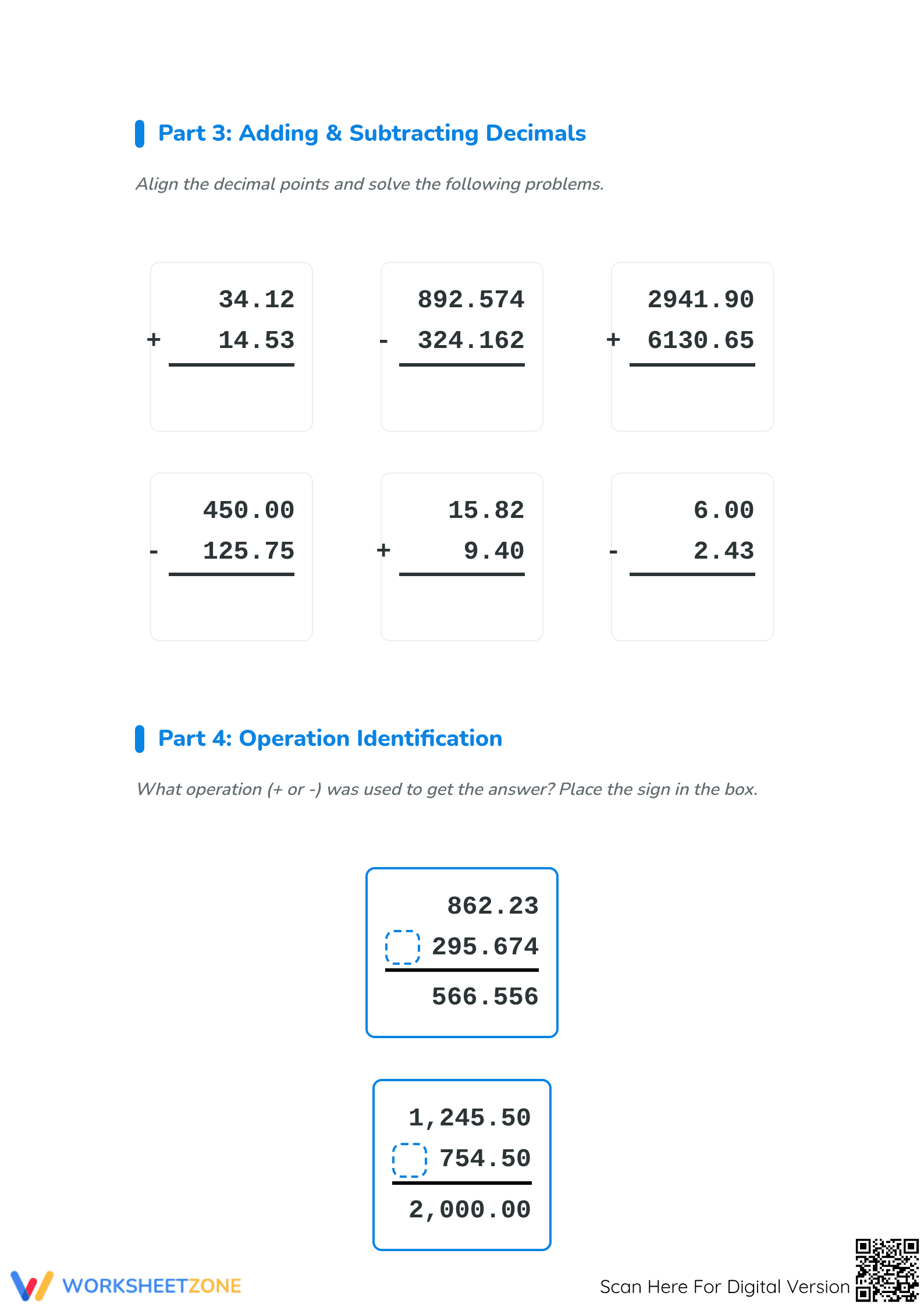 Essential Decimals Worksheet: Place Value, Add & Subtract - Page 3