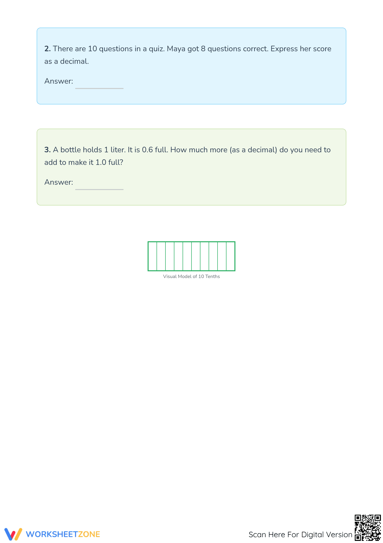 Exploring Tenths Worksheet | Printable Grade 4 Math - Page 3