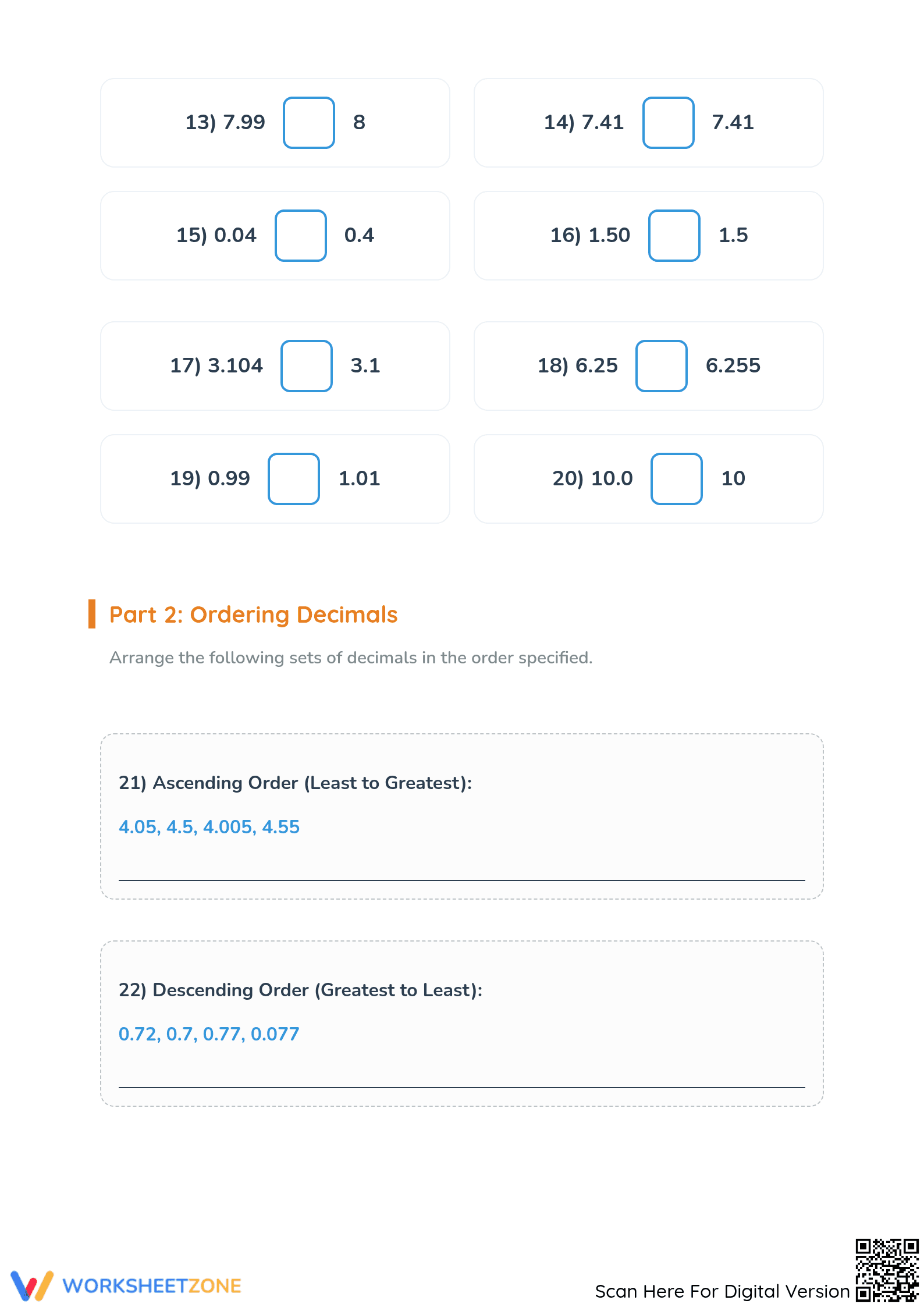 Printable Comparing and Ordering Decimals Worksheet, Grade 5 - Page 2