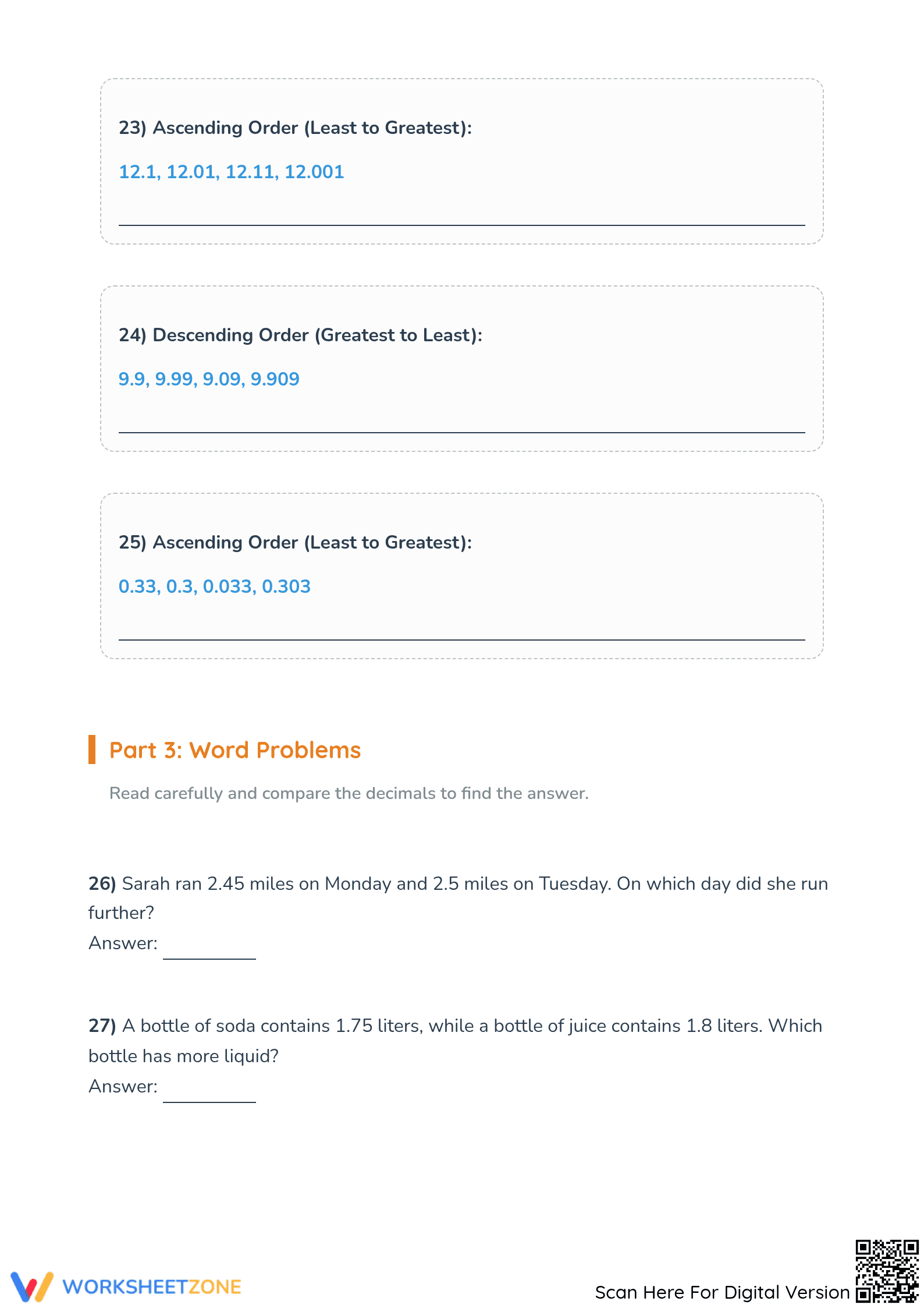 Printable Comparing and Ordering Decimals Worksheet, Grade 5 - Page 3