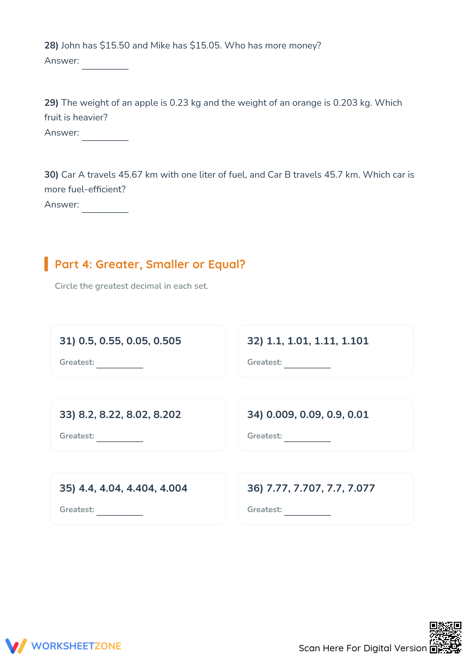 Printable Comparing and Ordering Decimals Worksheet, Grade 5 - Page 4