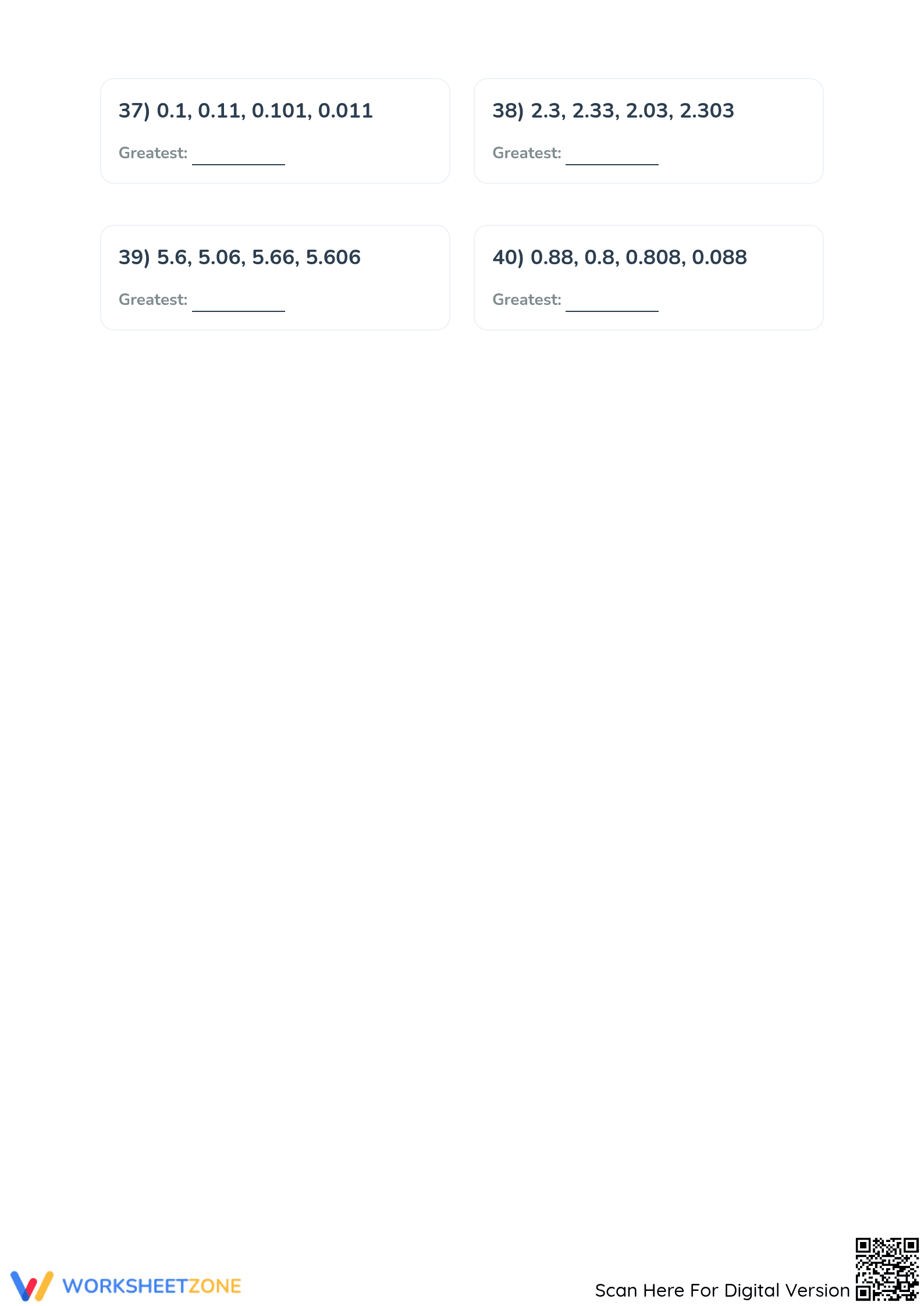 Printable Comparing and Ordering Decimals Worksheet, Grade 5 - Page 5
