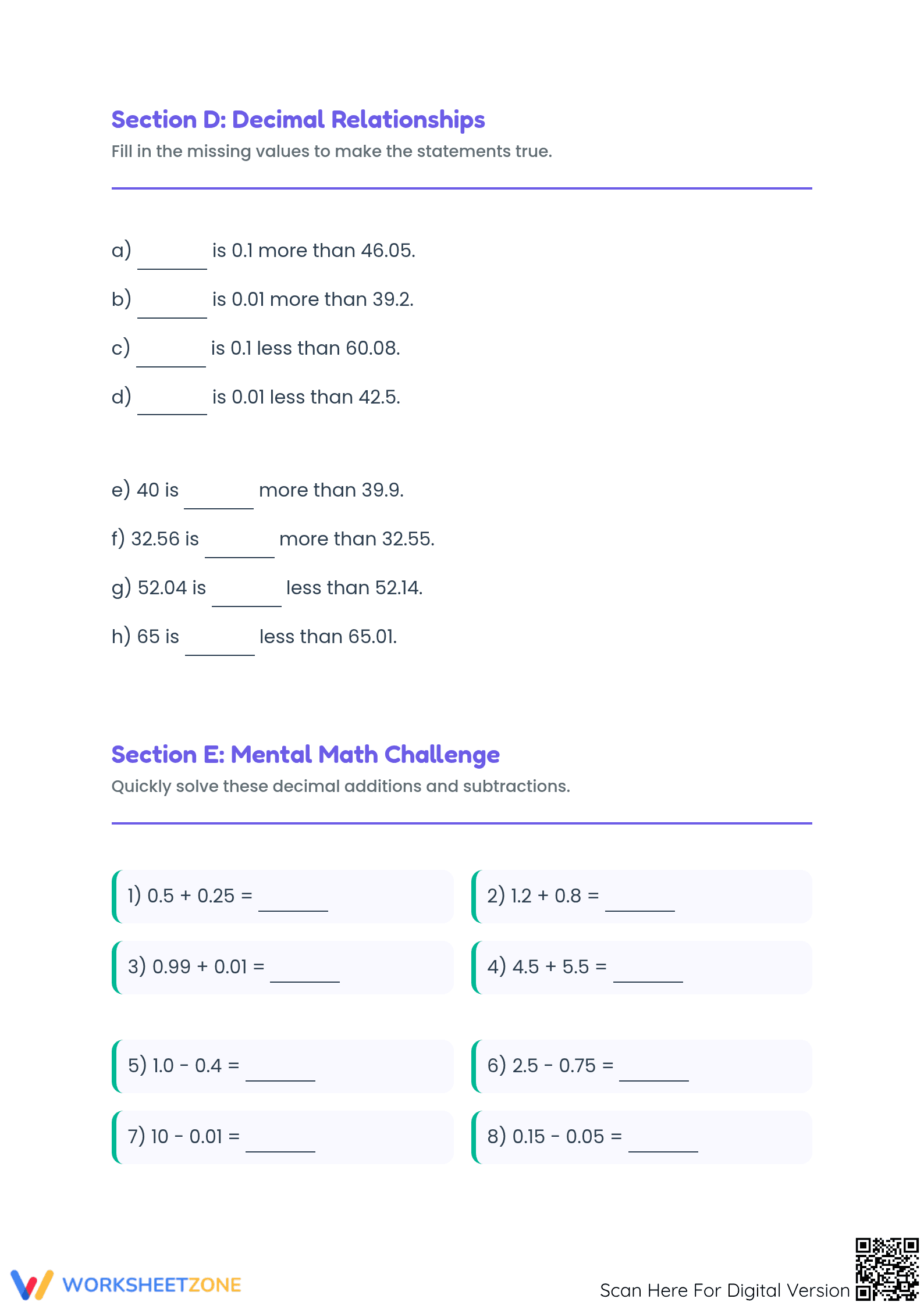 Grade 4 Decimals Practice: Essential Mental Math Worksheet - Page 3