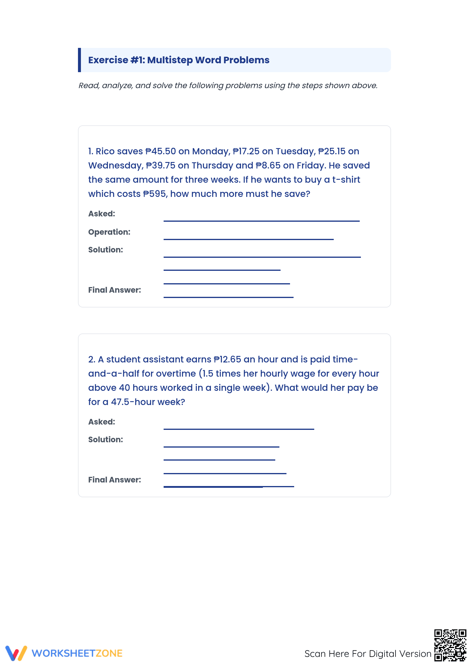 Problem Solving on Decimals Printable Worksheet | Grade 6 - Page 2