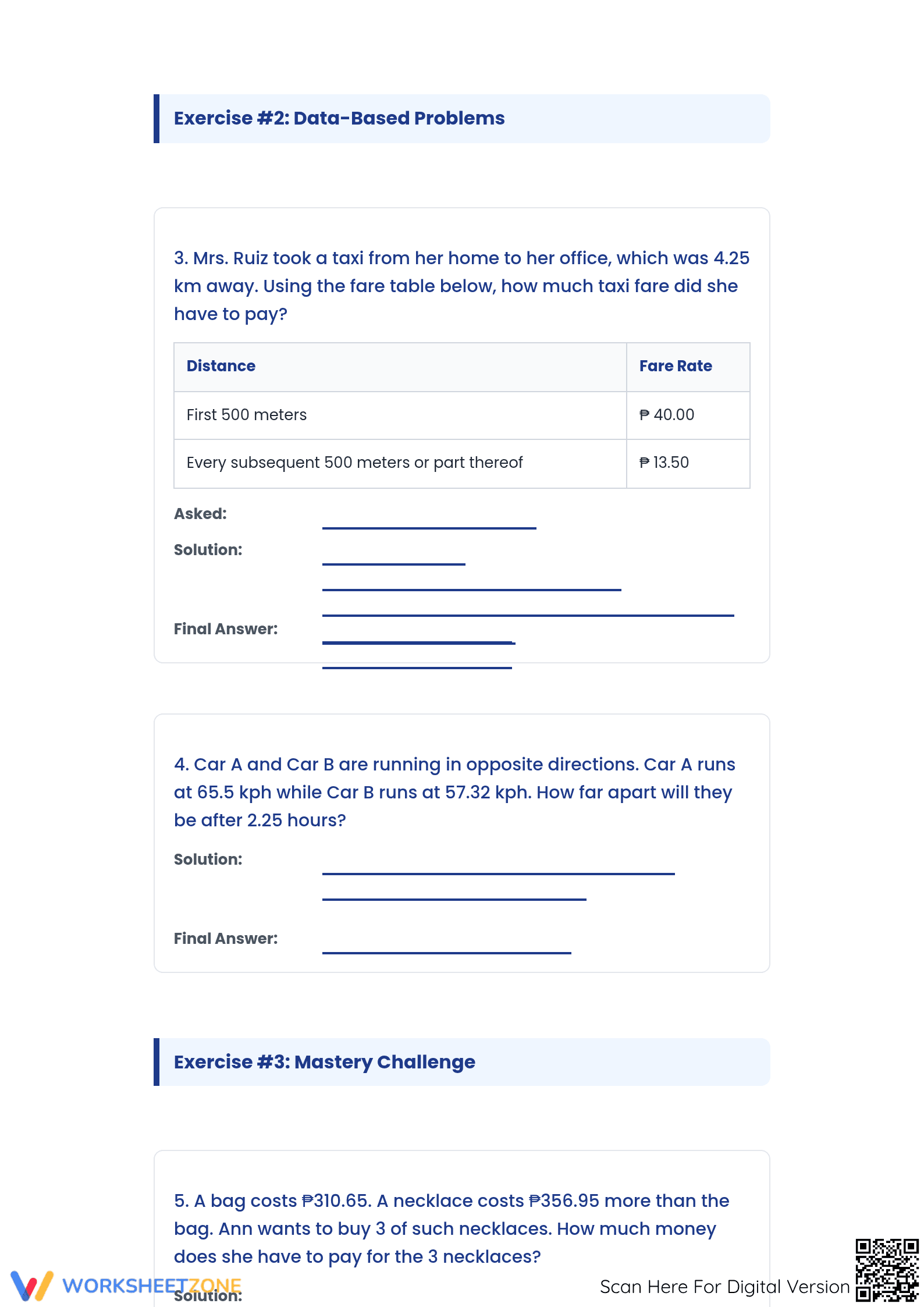 Problem Solving on Decimals Printable Worksheet | Grade 6 - Page 3