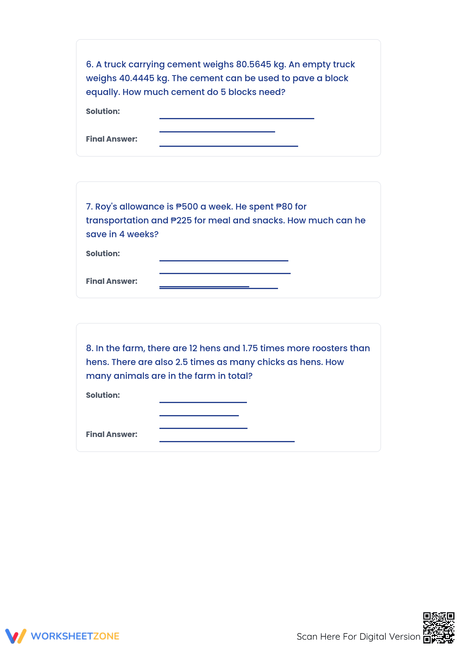 Problem Solving on Decimals Printable Worksheet | Grade 6 - Page 4