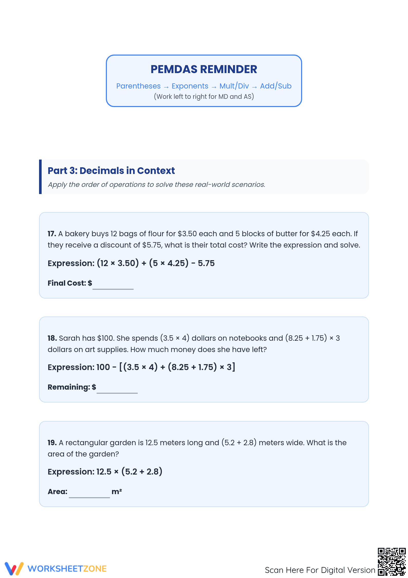 Essential Decimal Order of Operations (PEMDAS) Math Worksheets - Page 3