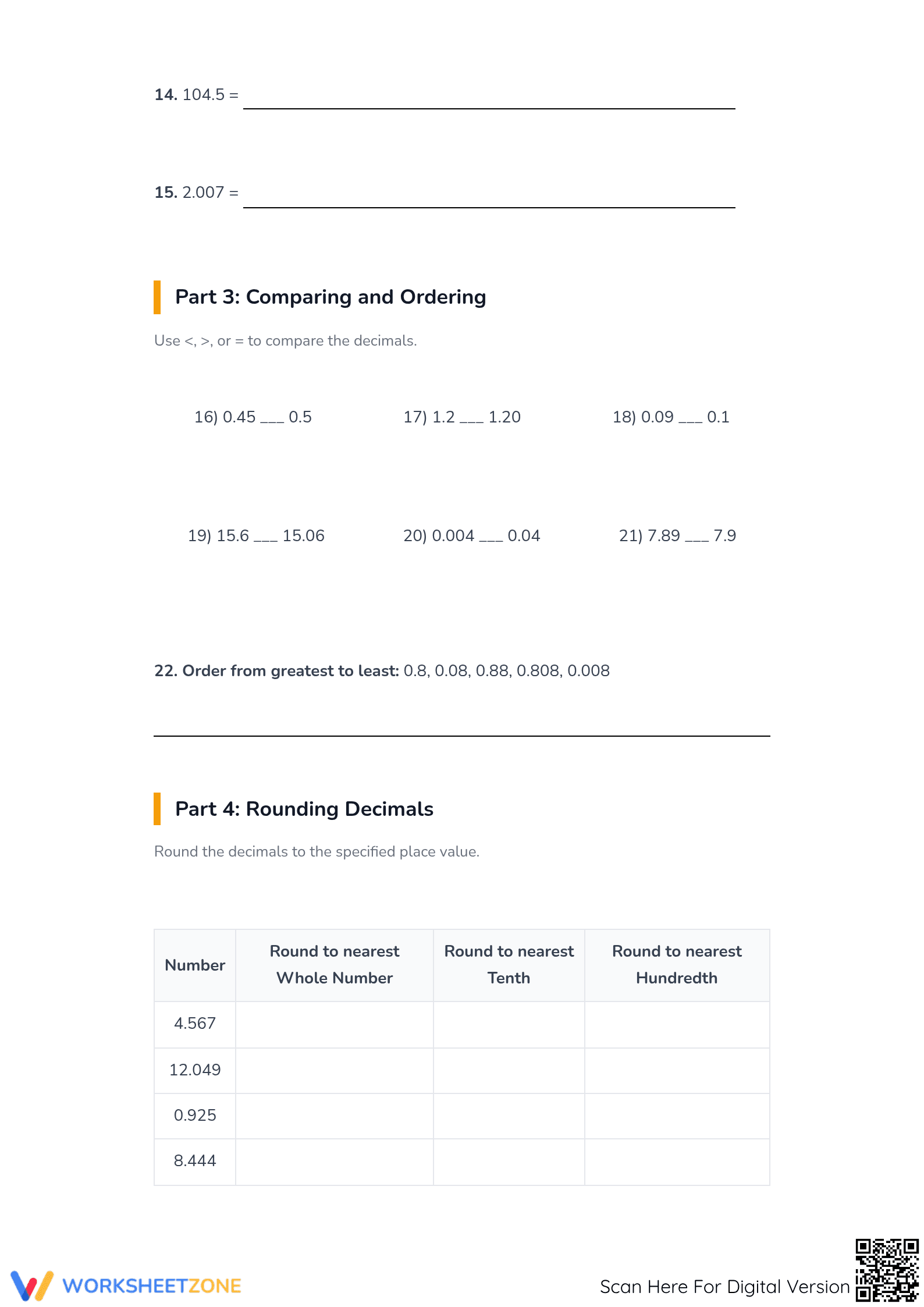 Grade 5 Decimals — Printable No-Prep Worksheet - Page 2