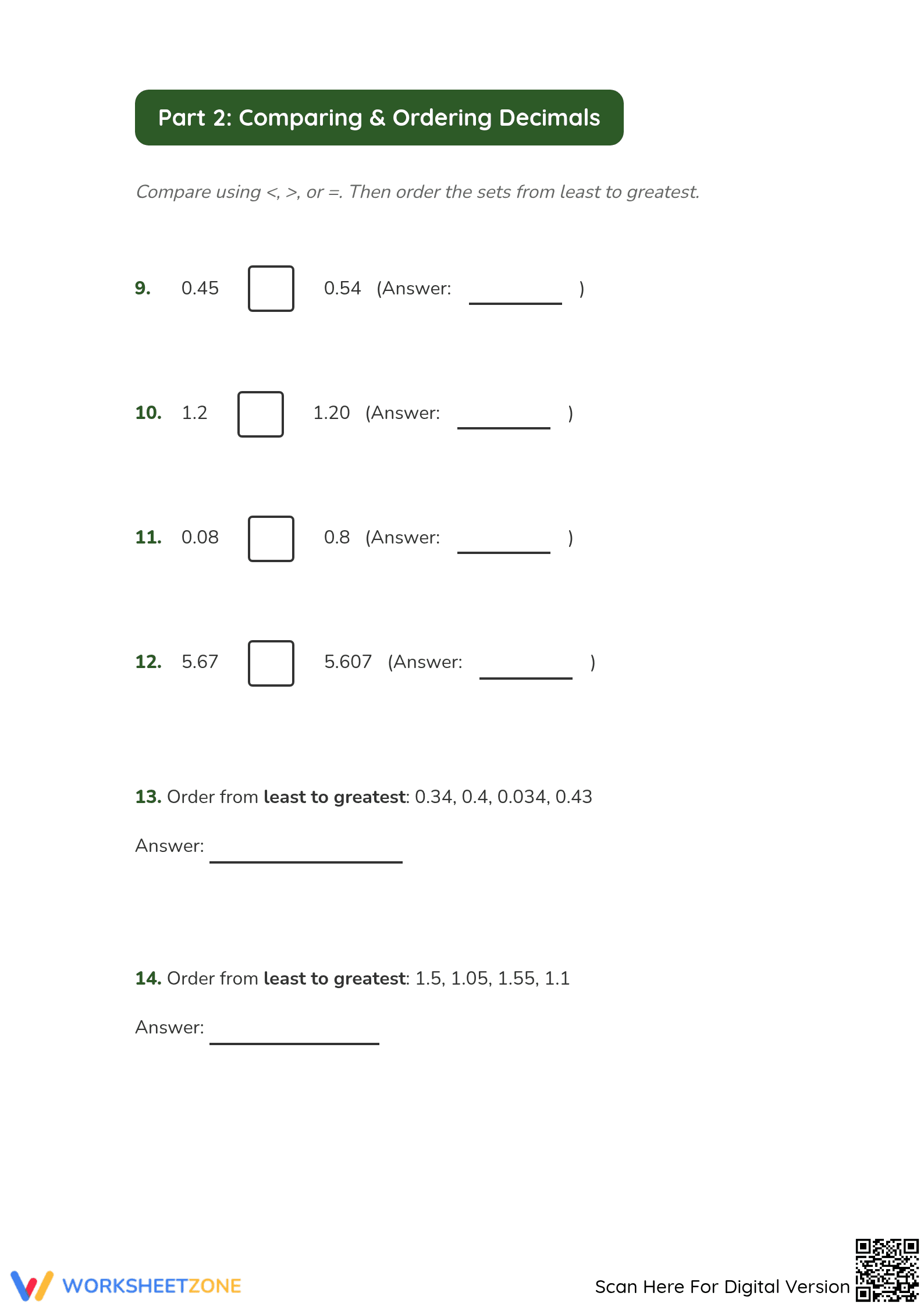 Printable Grade 4 Decimals Chapter 7 Mastery Worksheet - Page 2