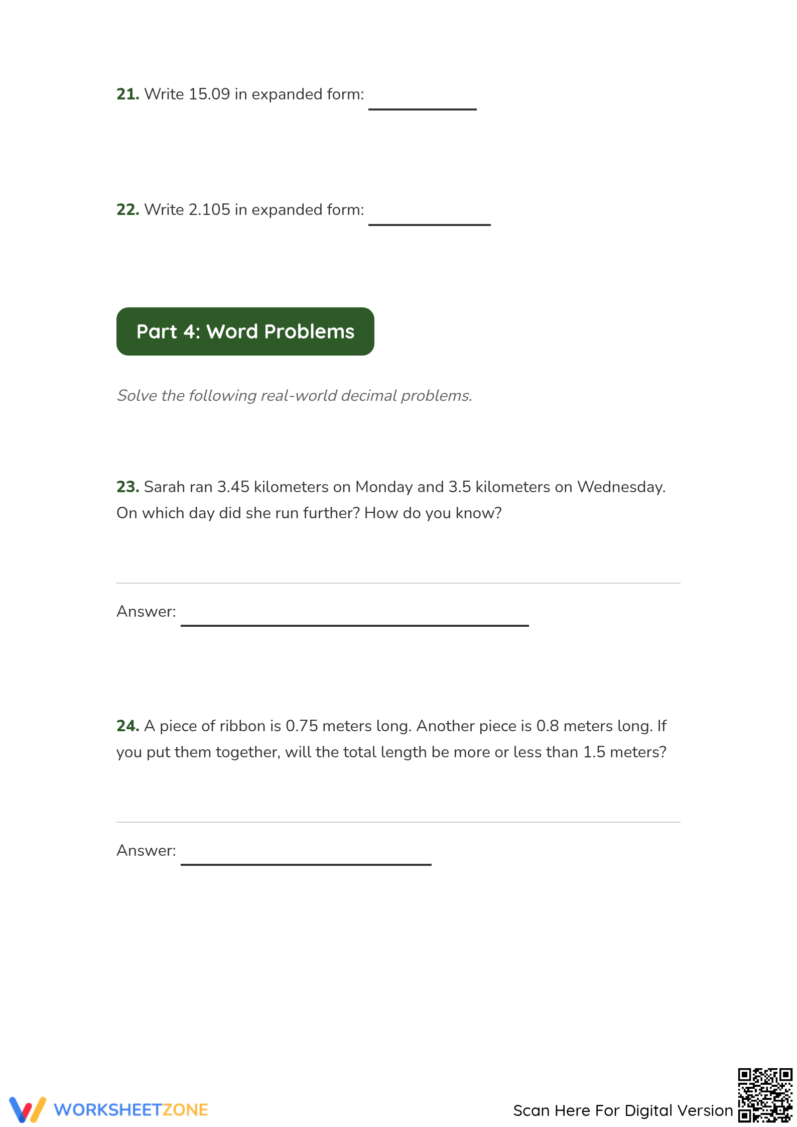 Printable Grade 4 Decimals Chapter 7 Mastery Worksheet - Page 4
