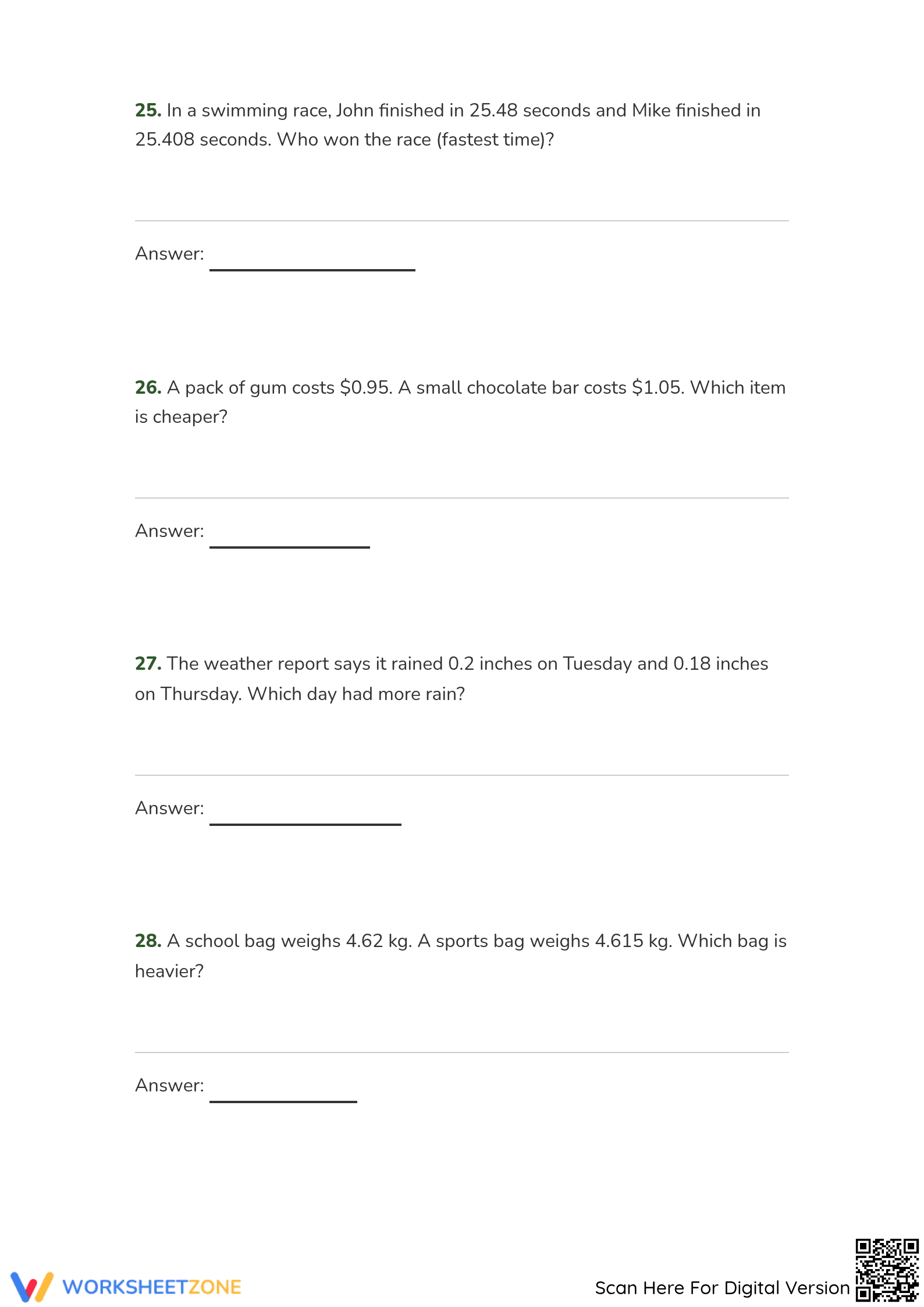 Printable Grade 4 Decimals Chapter 7 Mastery Worksheet - Page 5