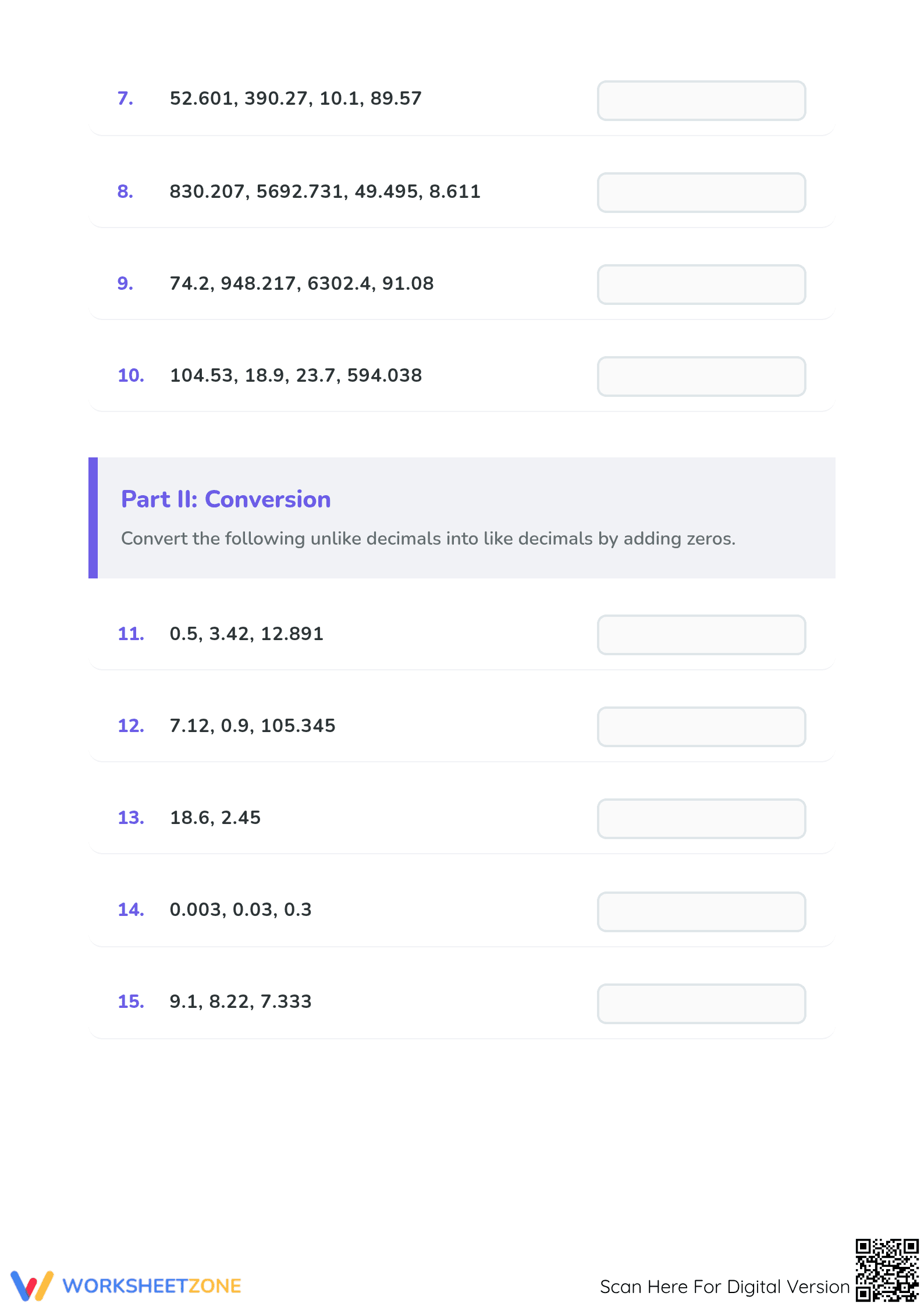 Printable Decimals Worksheet | Grade 4: Like & Unlike - Page 2