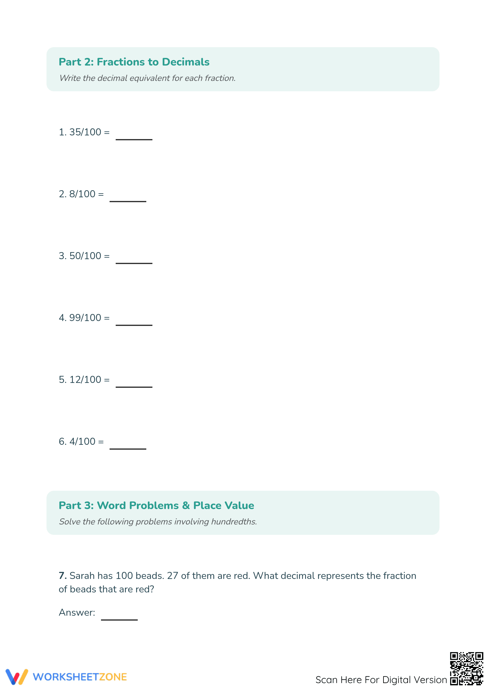 Hundredths 1 Worksheet: Essential Grade 4 Decimals Practice - Page 2