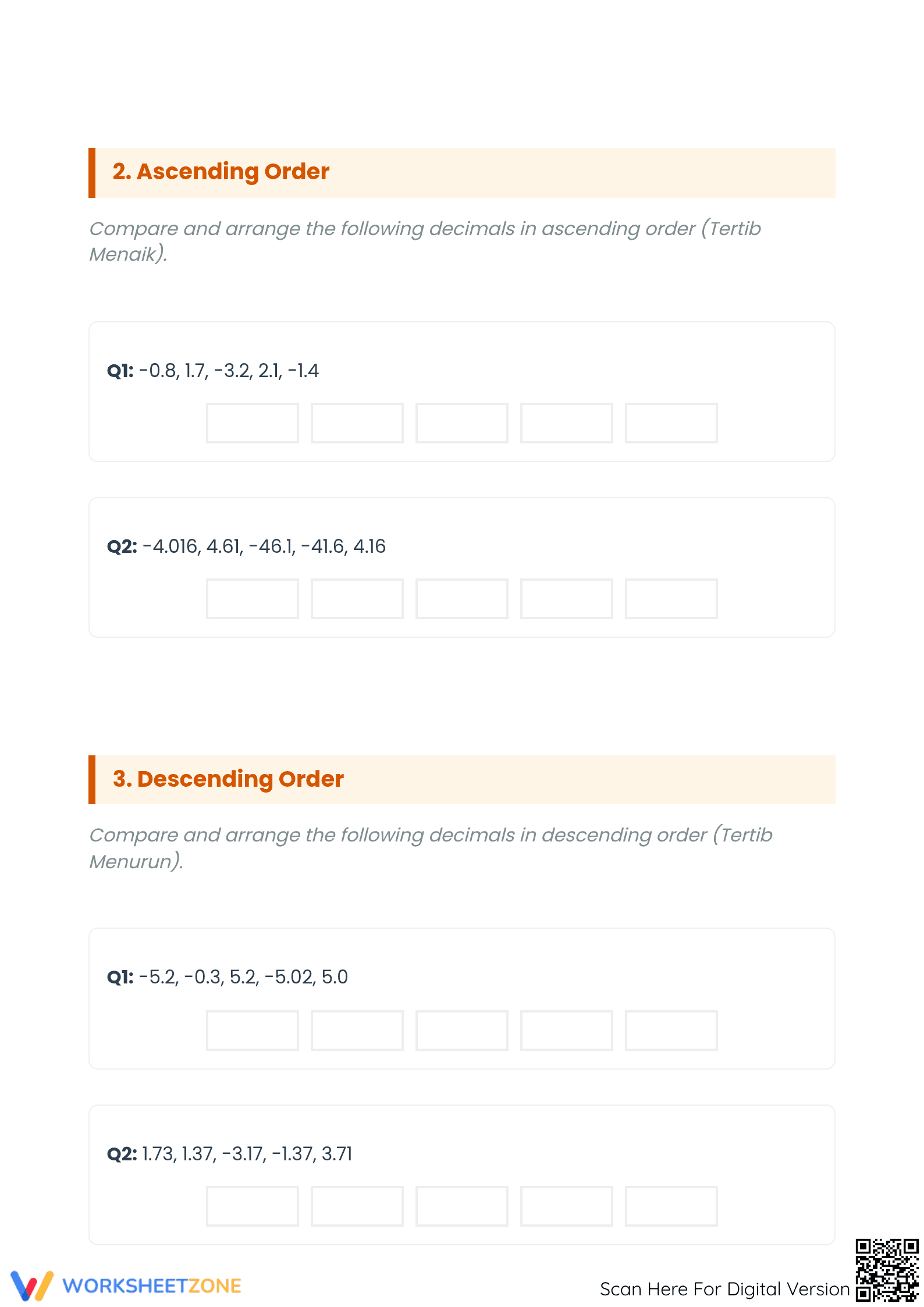 Essential Worksheet: Positive & Negative Decimals (Grade 8+) - Page 2