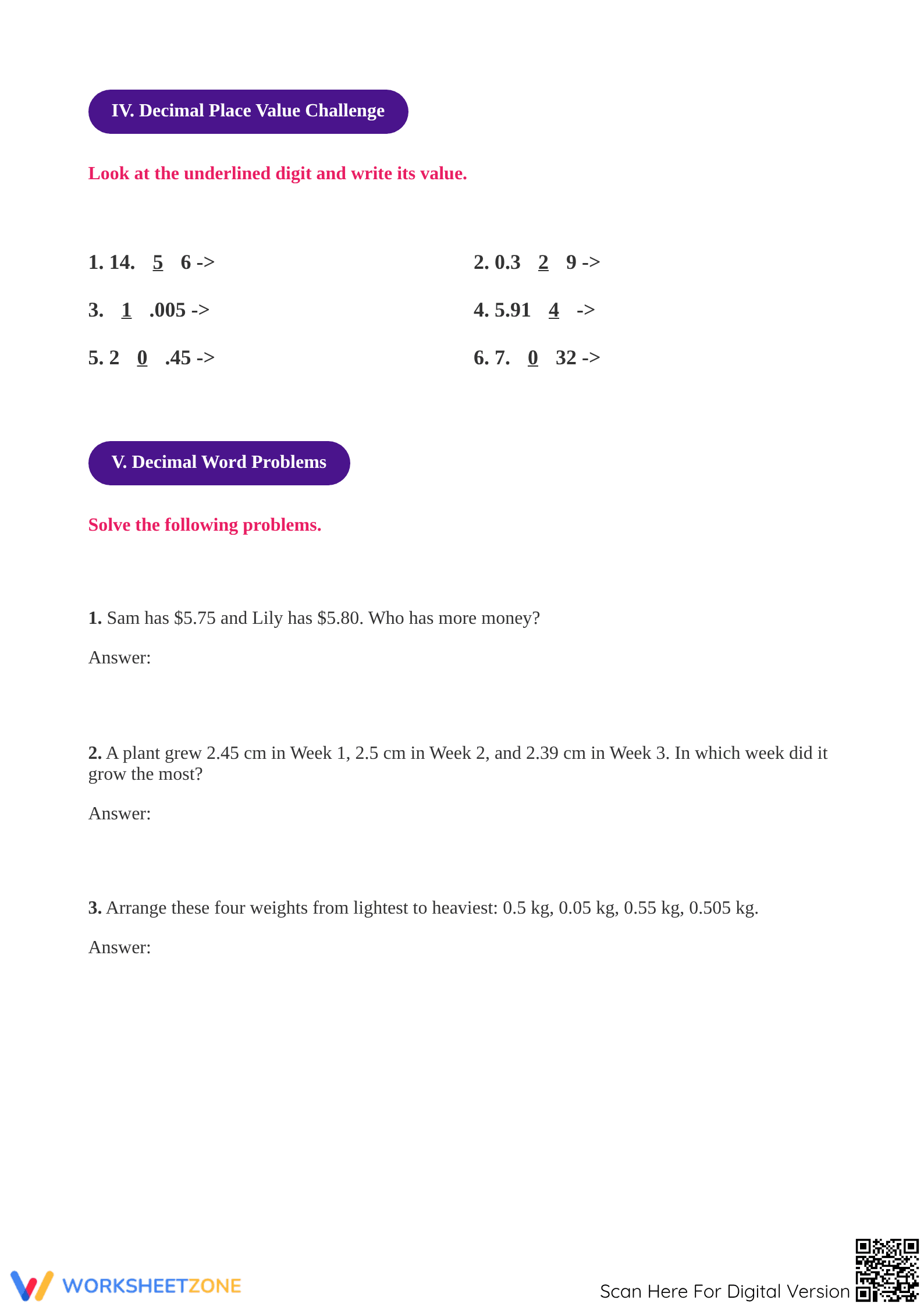 Grade 4 Decimals — Printable No-Prep Worksheet - Page 3