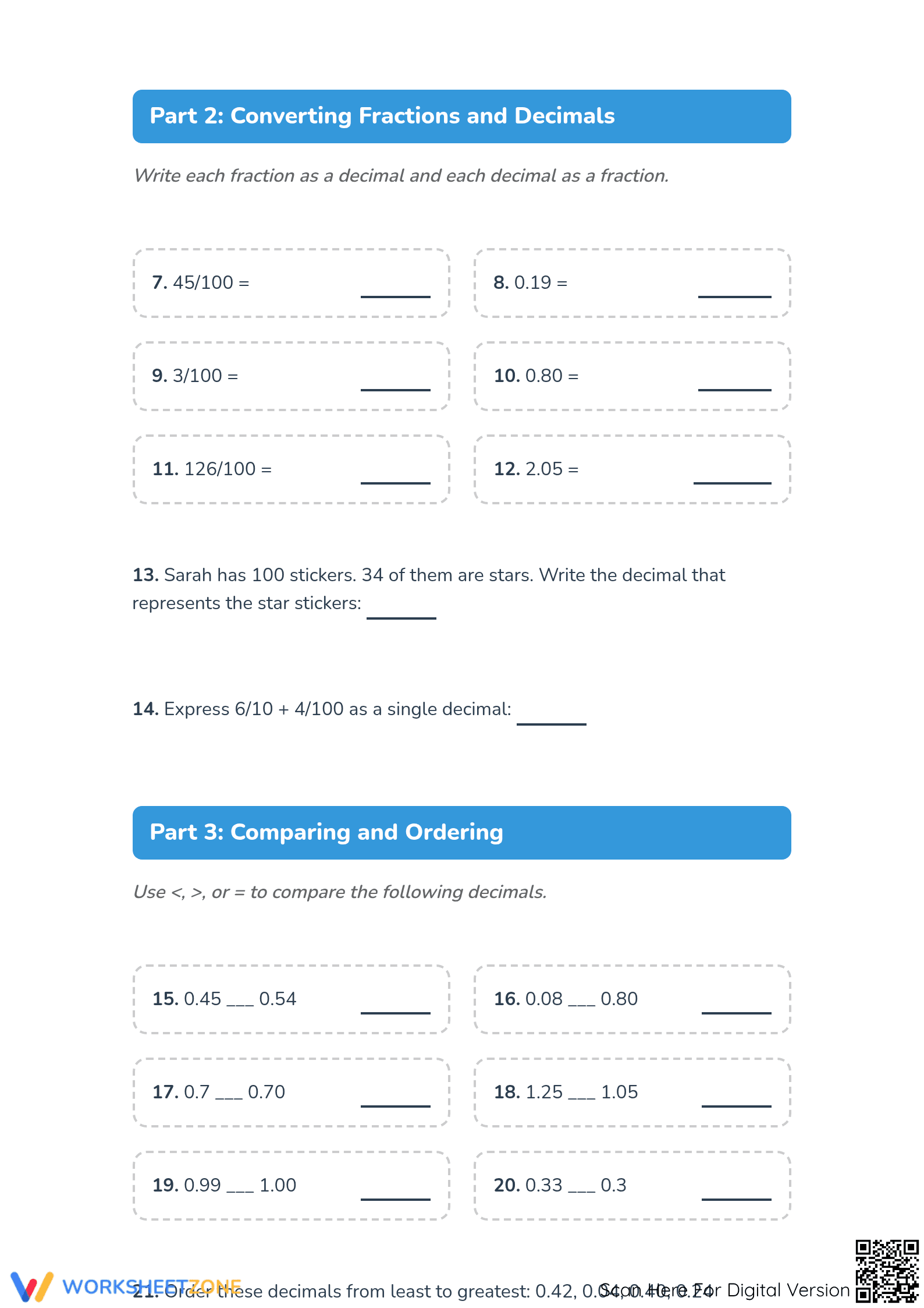 Printable Hundredths as Decimals Worksheet | Grade 4 - Page 2