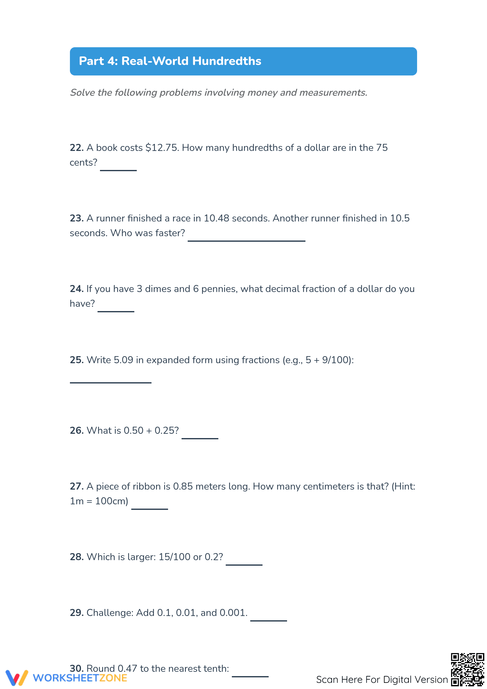 Printable Hundredths as Decimals Worksheet | Grade 4 - Page 3