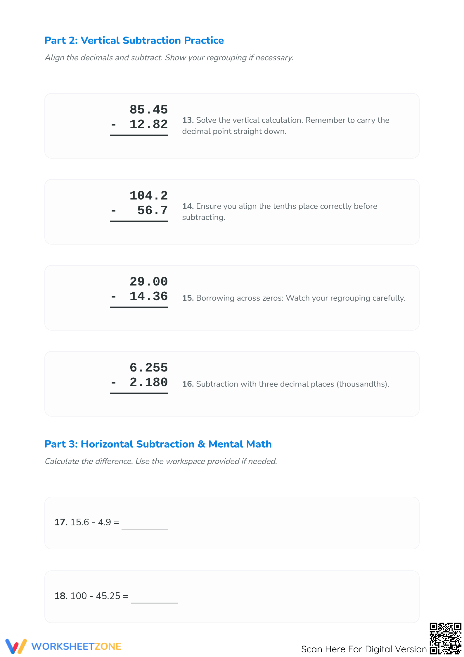 Printable Decimal Subtraction Worksheet | Grade 5-6 Math - Page 2