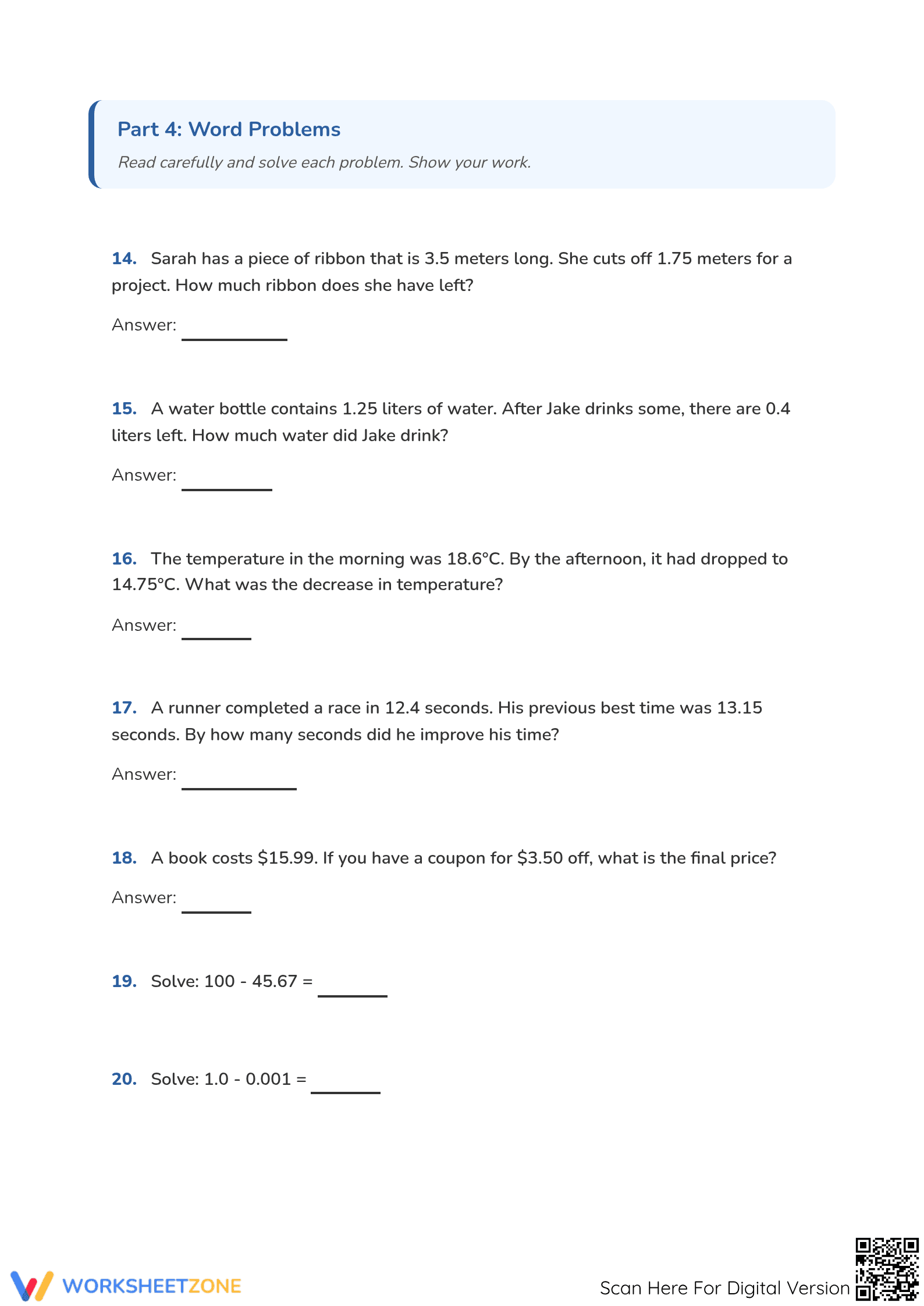 Subtracting Decimals Worksheet | Printable Grade 5 Math - Page 4