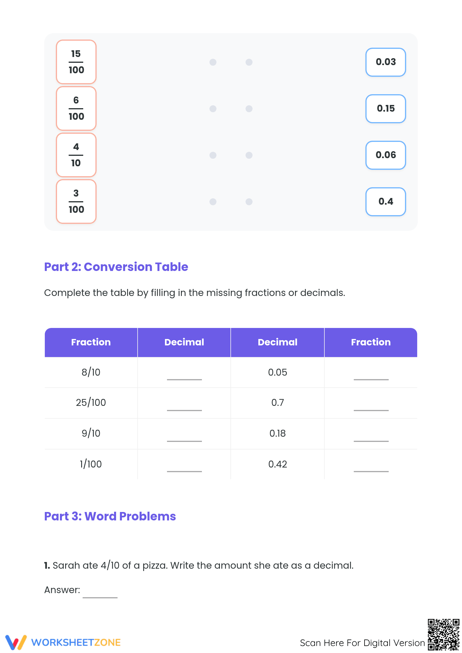 Printable Decimals and Fractions Worksheet | Grade 4 Math - Page 2