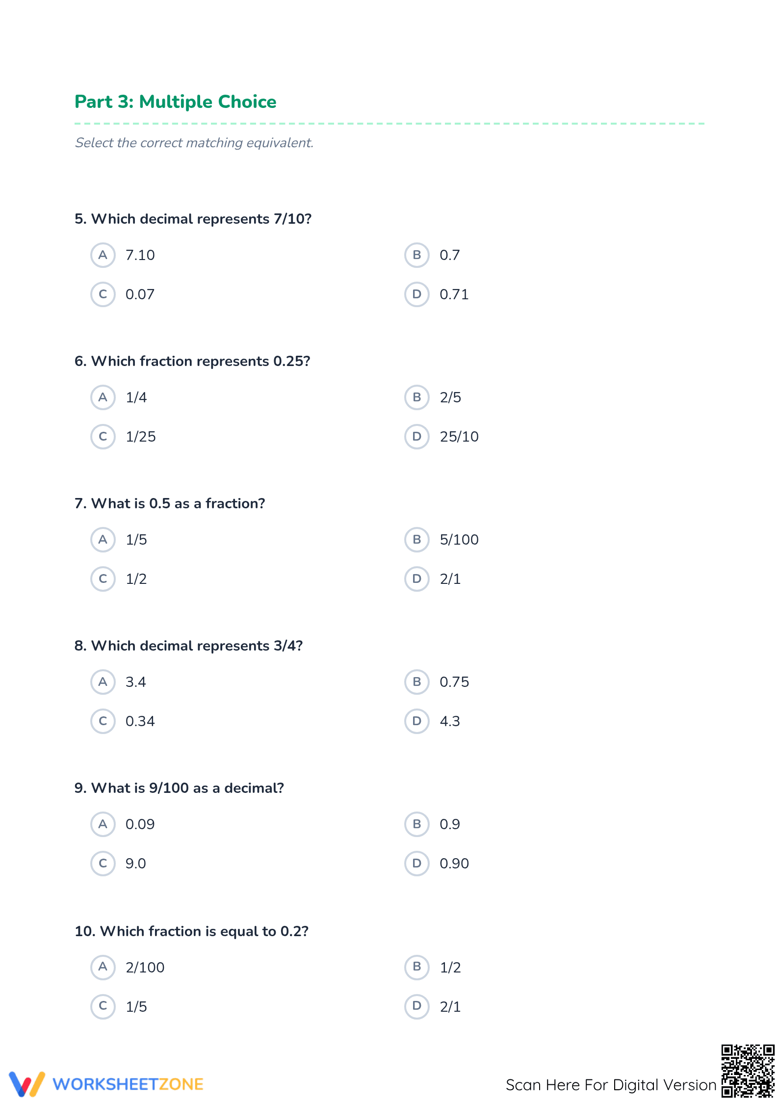 Essential Grade 4 Fraction and Decimal Equivalents Worksheet - Page 3
