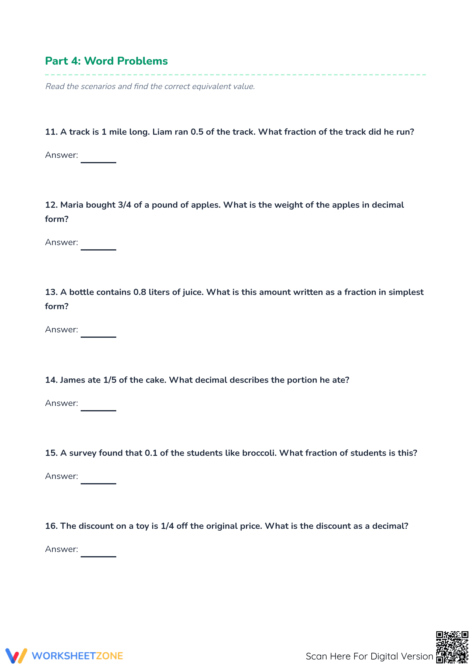 Essential Grade 4 Fraction and Decimal Equivalents Worksheet - Page 4
