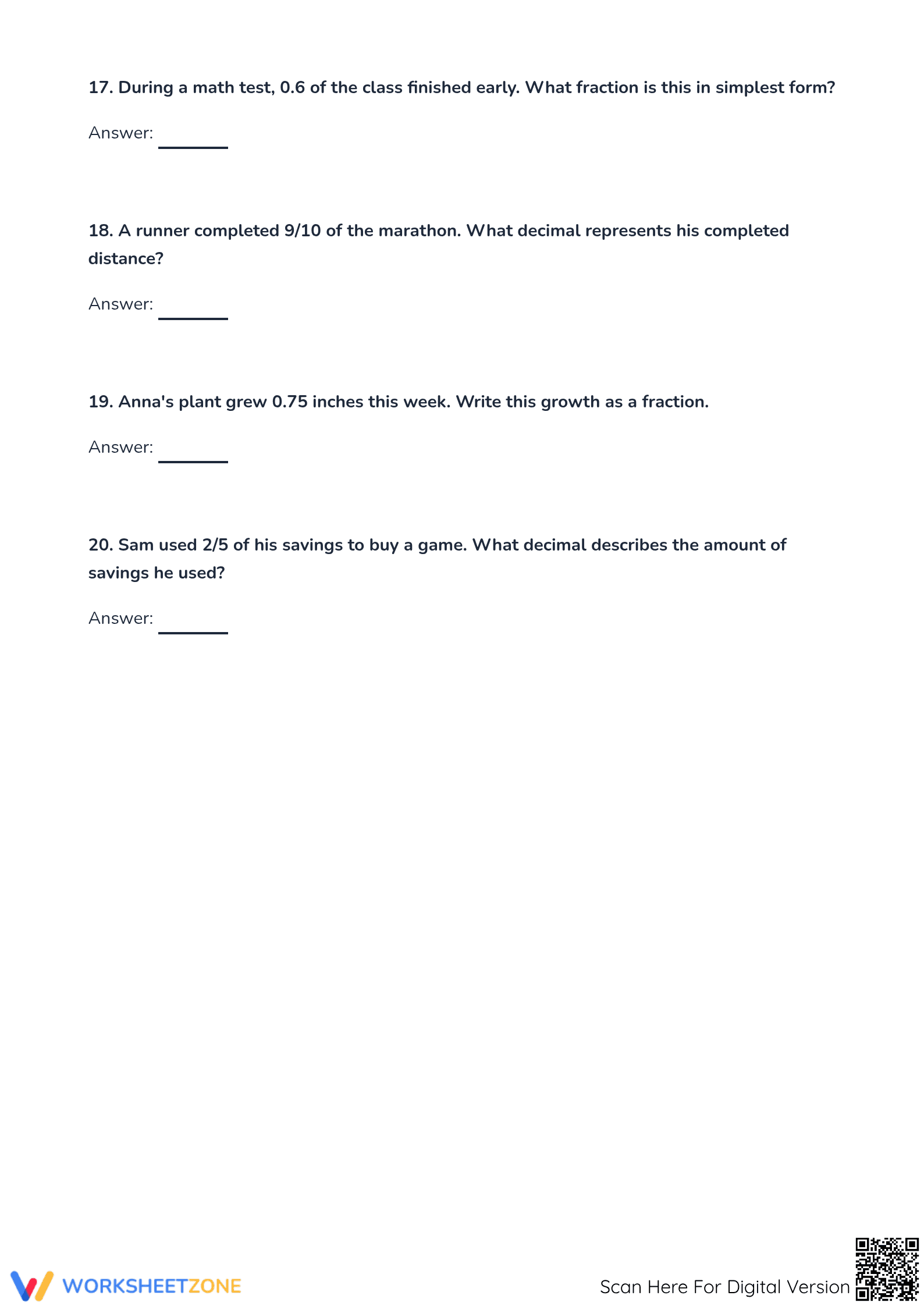 Essential Grade 4 Fraction and Decimal Equivalents Worksheet - Page 5