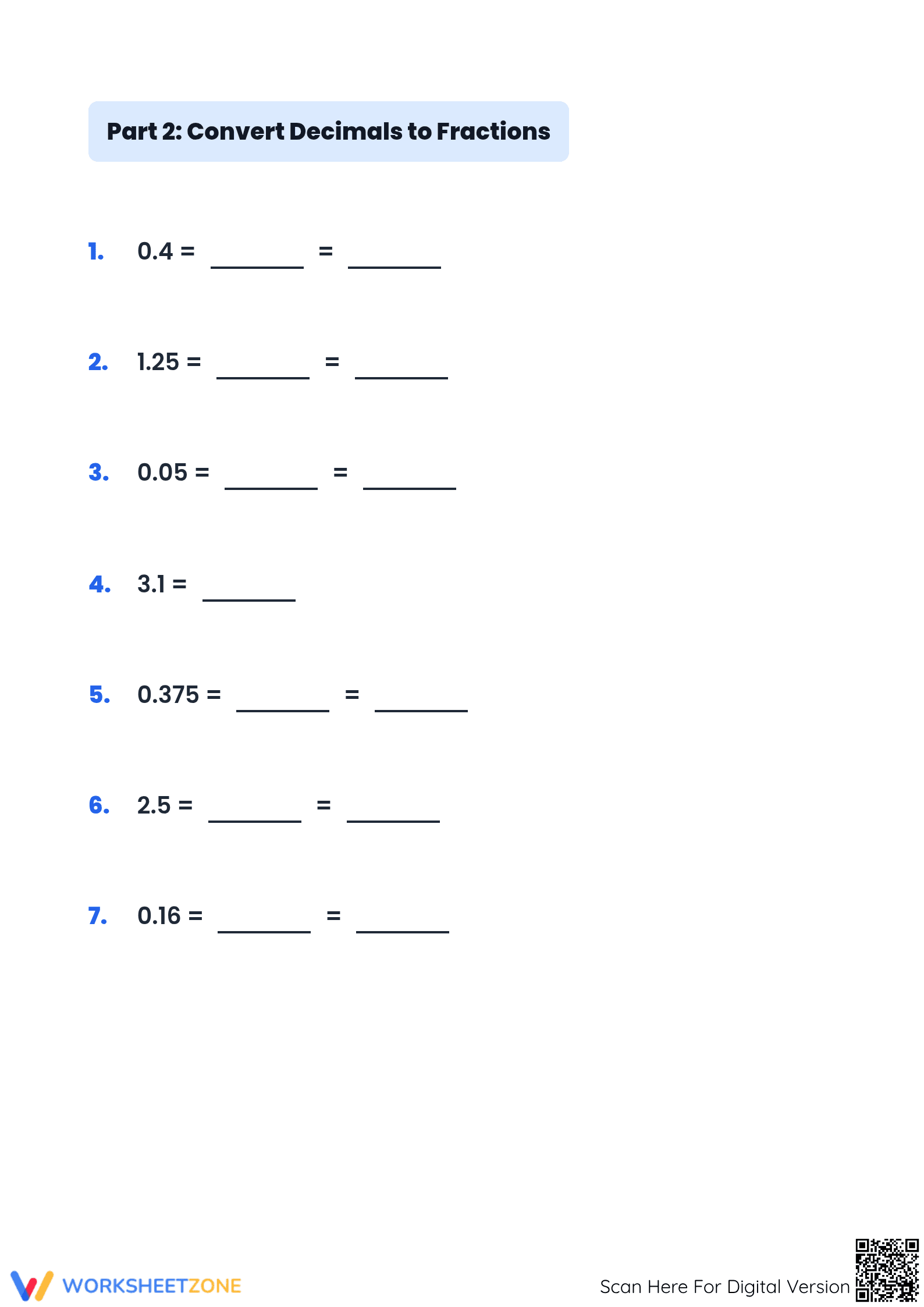 Printable Fraction to Decimal Worksheet | Grade 5 Math - Page 3