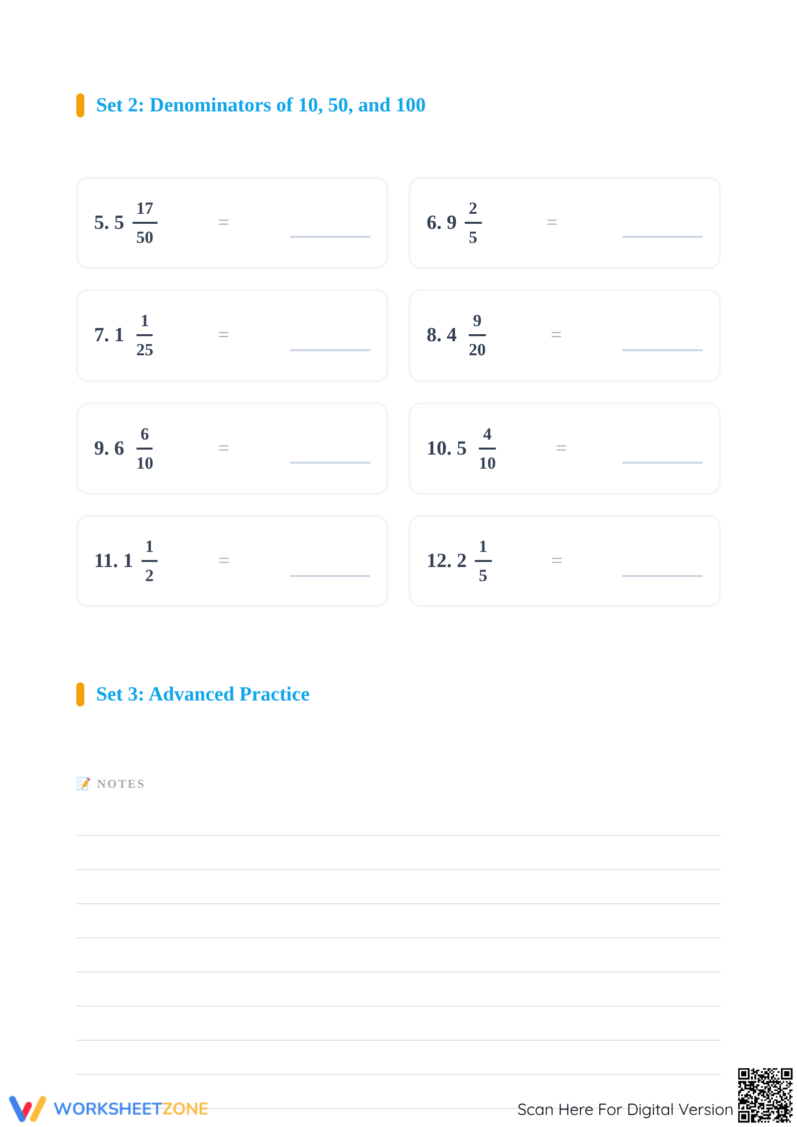Printable Mixed Numbers to Decimals Math Worksheet Grade 6-7 - Page 2
