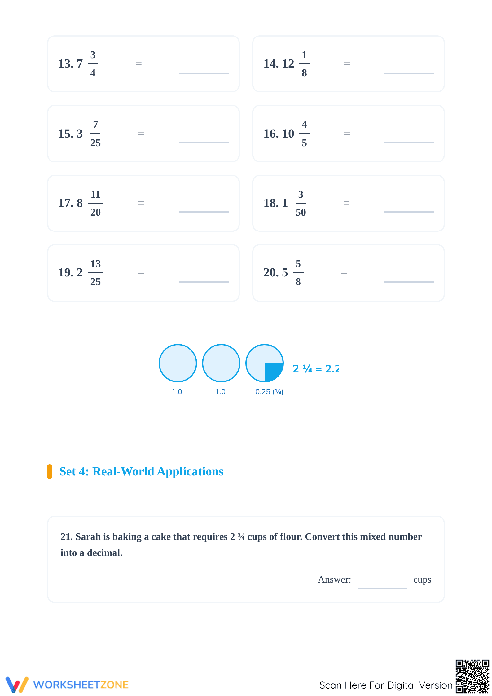 Printable Mixed Numbers to Decimals Math Worksheet Grade 6-7 - Page 3
