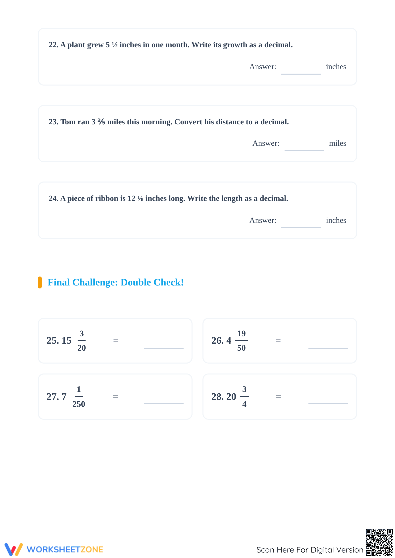 Printable Mixed Numbers to Decimals Math Worksheet Grade 6-7 - Page 4