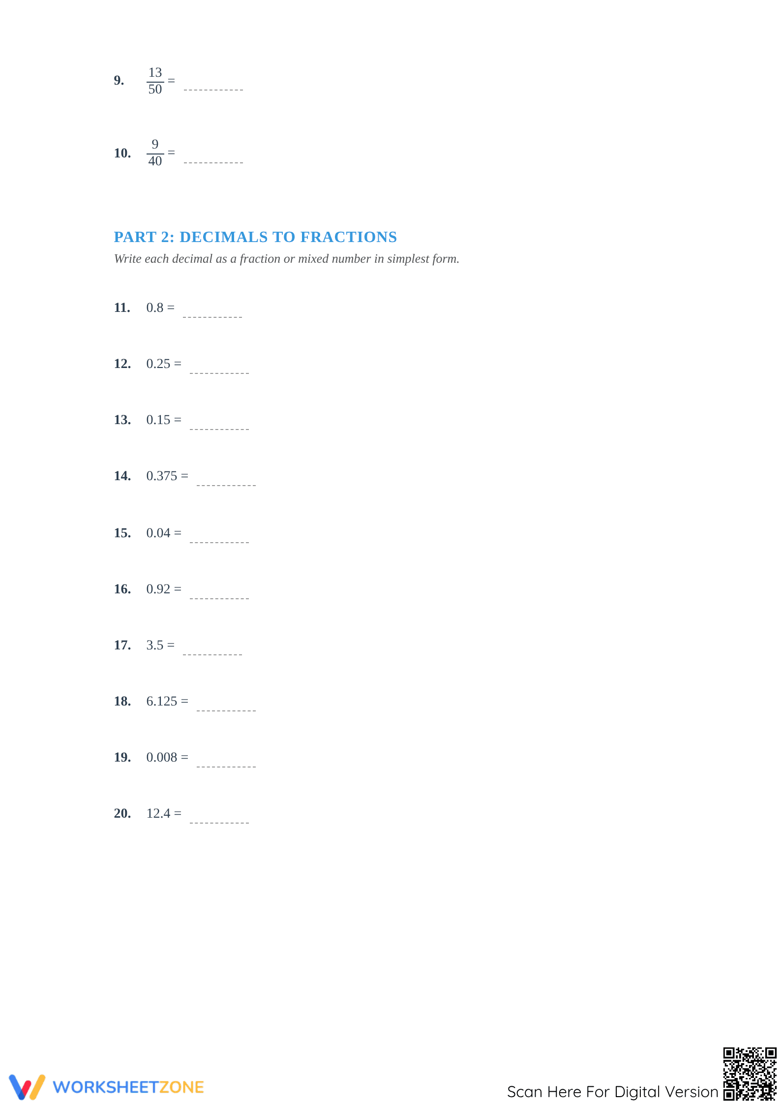 Essential Fractions and Decimals Worksheet | Grade 6-7 Math - Page 2