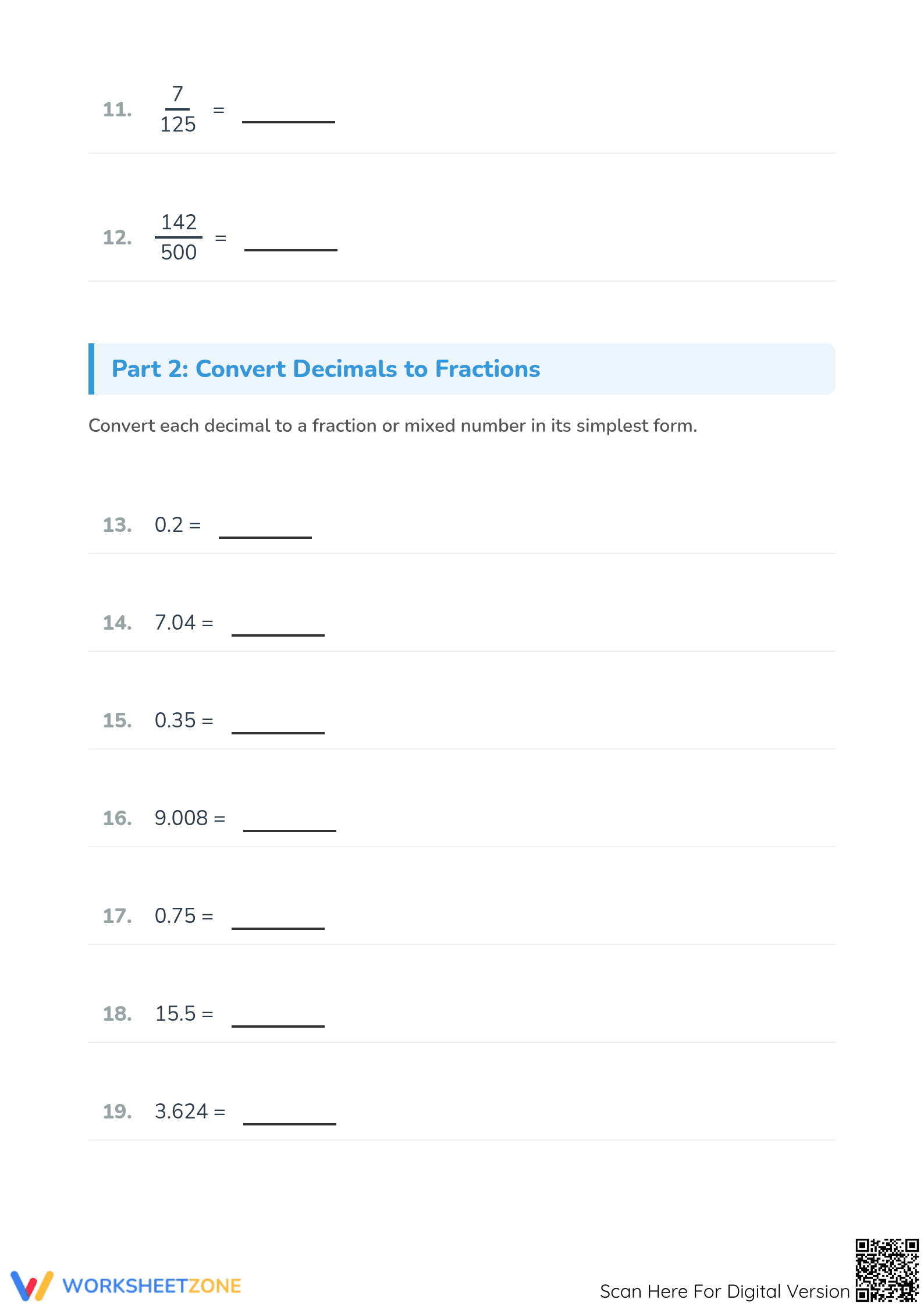 Essential Convert Decimal to Fraction Worksheet | Grade 5 - Page 3