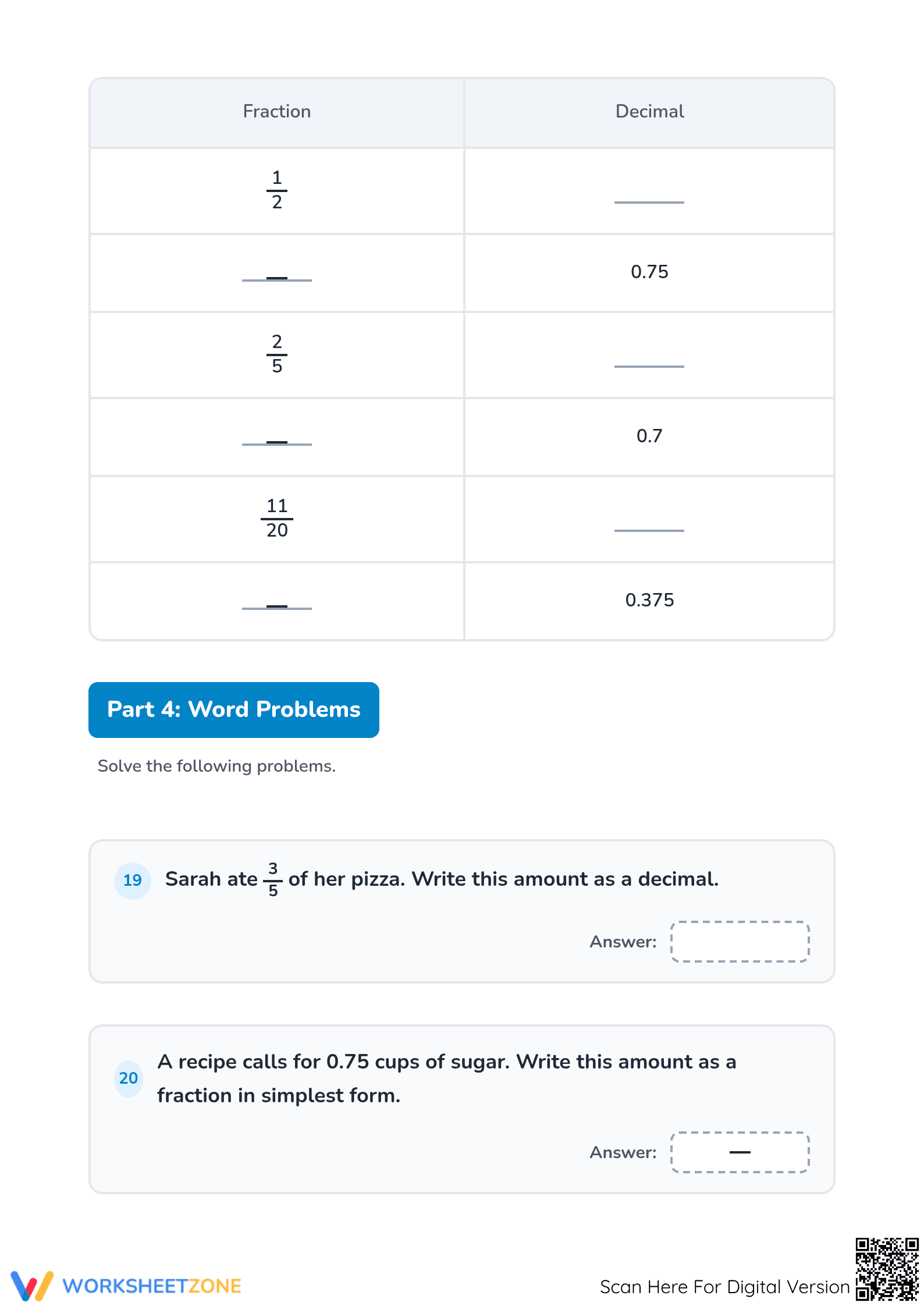 Grade 4 Printable Worksheet: Comparing Fractions and Decimals - Page 4
